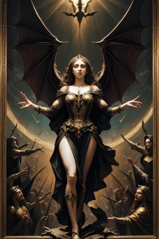 Renaissance painting style, bony hand reaching up, bat winged woman descending from the heavens in a bright aura, grim religious art, metal band cover