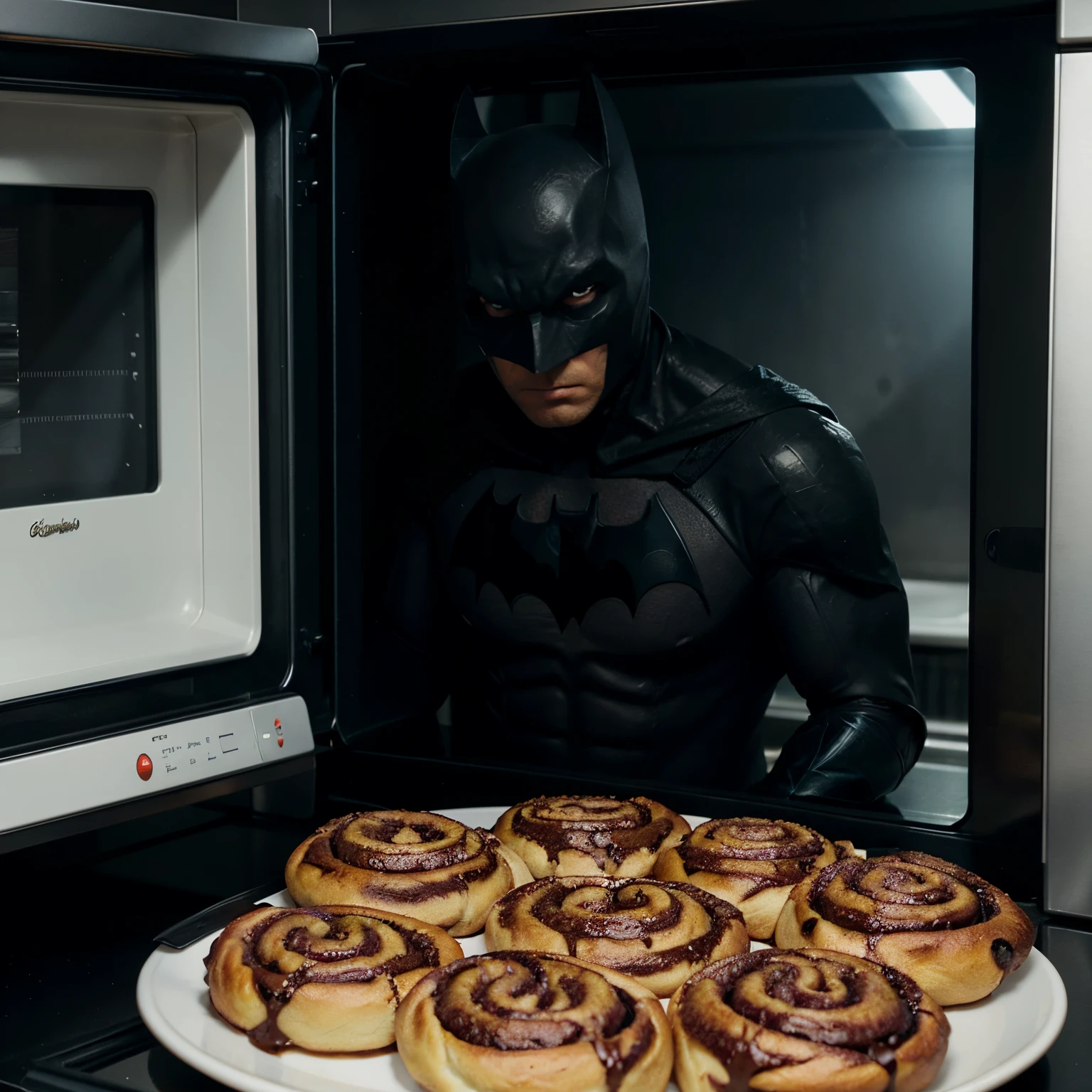Batman staring at a microwave with burnt cinnamon rolls