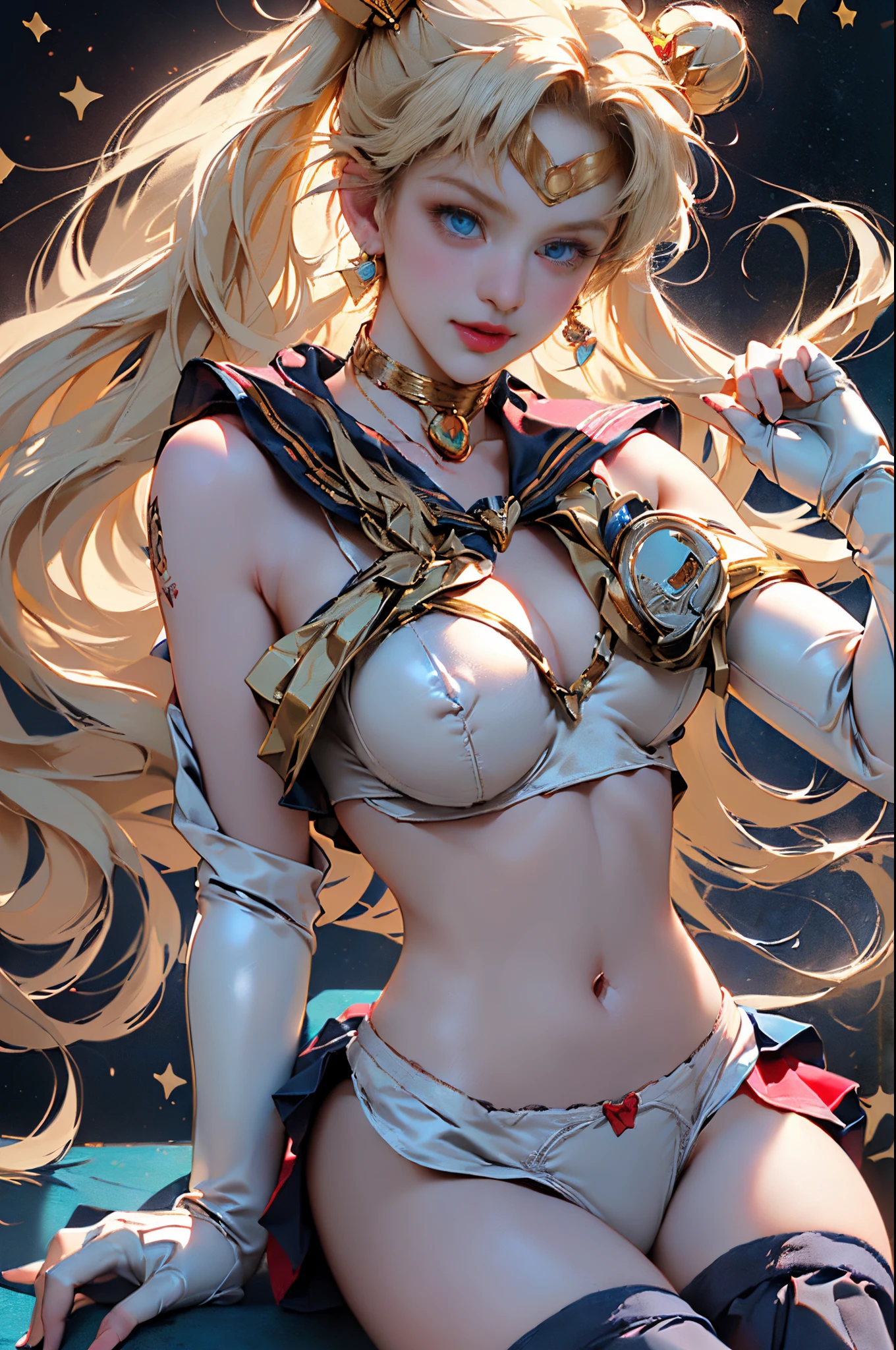 ((tmasterpiece)),((offical wallpaper:1.4)),((1female)),((meishaonv,Super Sailor Moon,the sailor moon:1.6,eternal sailor moon)),((standing on your feet+Combat posture)),((Stand in boxing position)),((Sit up with your right leg bent)),((Sexy model pose)),((dynamicposes+Dynamic photography)),((From the bottom up,Ultra-microphotography)),((3D)), ((ultra real photo,フォトリアリスティック)),((Absurdly long hair:1.4)),((Double ponytail blonde:1.6,Parted bangs,Ball head,Red round hair accessories in bun)),((dressed in:Sailor warrior uniform:1.u can see the panties)Ultra mini skirt:1.6)), ((plumw,Chest exposed,Cute big breasts)),((a sailor suit:Sailor color,Metallic blue)),((There is a big red bow on the chest,Elbows red,Long white latex gloves,Bare upper arms:1.6,A luxurious golden crown on the forehead,耳Nipple Ring,Luxurious gold jewelry decoration)),((high-leg swimsuit)),((Very thin and form-fitting high-gloss white holographic leather、High gloss white latex sexy high leg cut swimsuit,shiny like oil)),(Detailed faces:1.5),((詳細な目,beautidful eyes,eBlue eyes,outline of iris,long eyelasher,Double lashes)),((beautifull expression,seduct smile)),((Thin lips:1.5)),((big raised breasts)),((Anatomically perfect proportions:1.6,big chest and thin waist)),((Clean skin)),((Anatomically correct 2 hands:1.6)),((Anatomically correct 2 legs:1.6)),((correct hand:1.6,Complete and beautiful five fingers:1.6)),((High quality octane rendering)),((Dramatic graphics)),((Background with:starrysky,rays of moonlight,the huge moon)), (( Professional Quality,Perfect photography, Ray traching, perfect volumetric lighting )),((top-quality,CG with extreme detail Unity,32K)), ((hyper-detailing:1.2,Complicated details:1.2)),