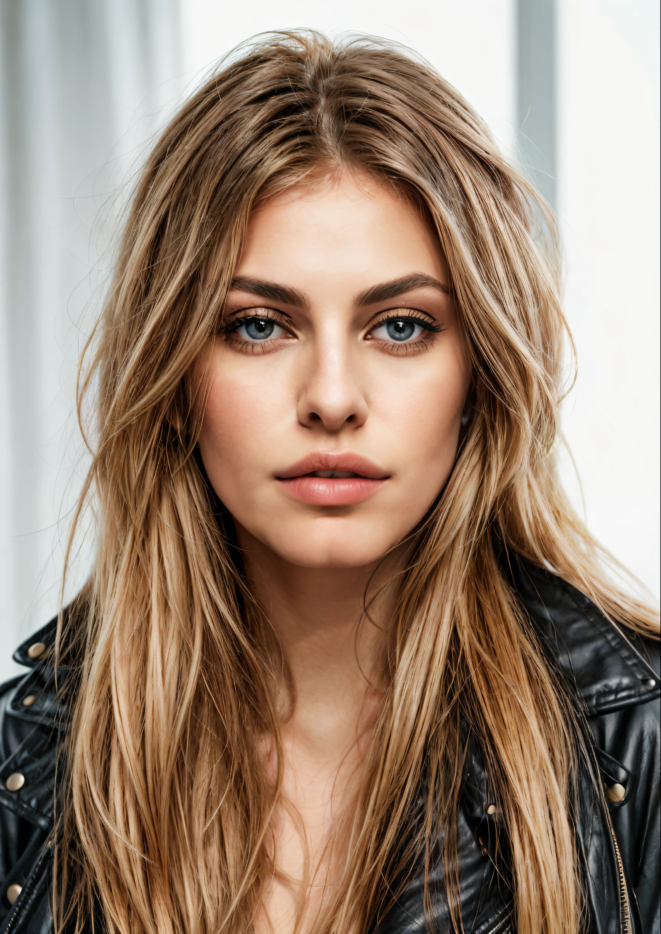 Blonde Frau (Eva Mendes) mit blauen Augen und langen Haaren, who wears a black leather jacket, Beautiful Nordic woman, 50mm Hochformat, 7 0 mm Hochformat, portrait of a beautiful model, 60mm Hochformat, Cinematic Headshot Portrait, blonde schwedin frau, Nahaufnahme einer blonden Frau, Portrait of a Nordic girl, lange blonde Haare und blaue Augen, blonde Haare und blaue Augen, voller Busen, Seductive, voluptuous look, Frau will Sex, Begierde, Verlangen, erregt