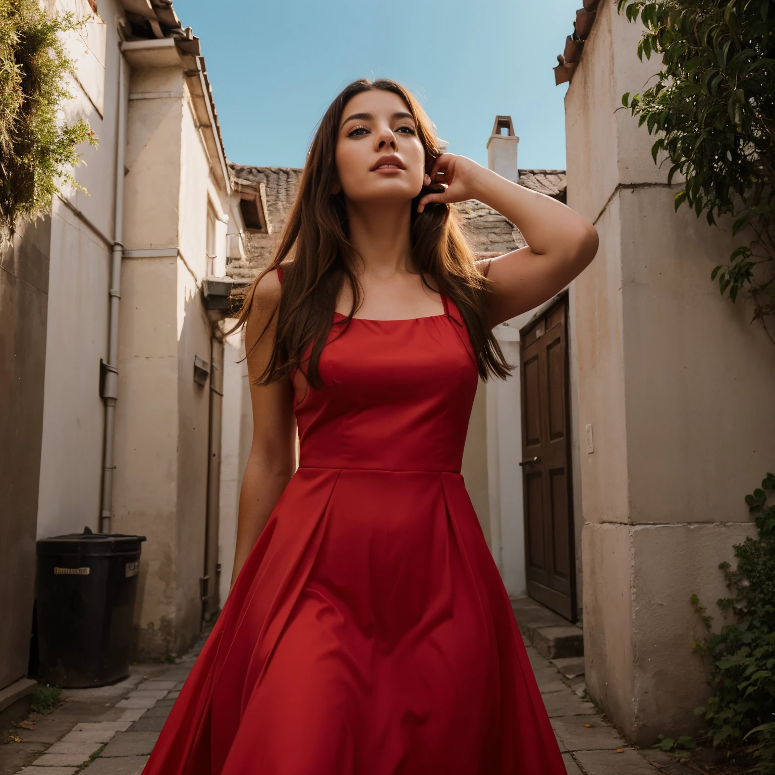 Generate a photo of a beautiful women in a red dress peacefully looking up at the sky