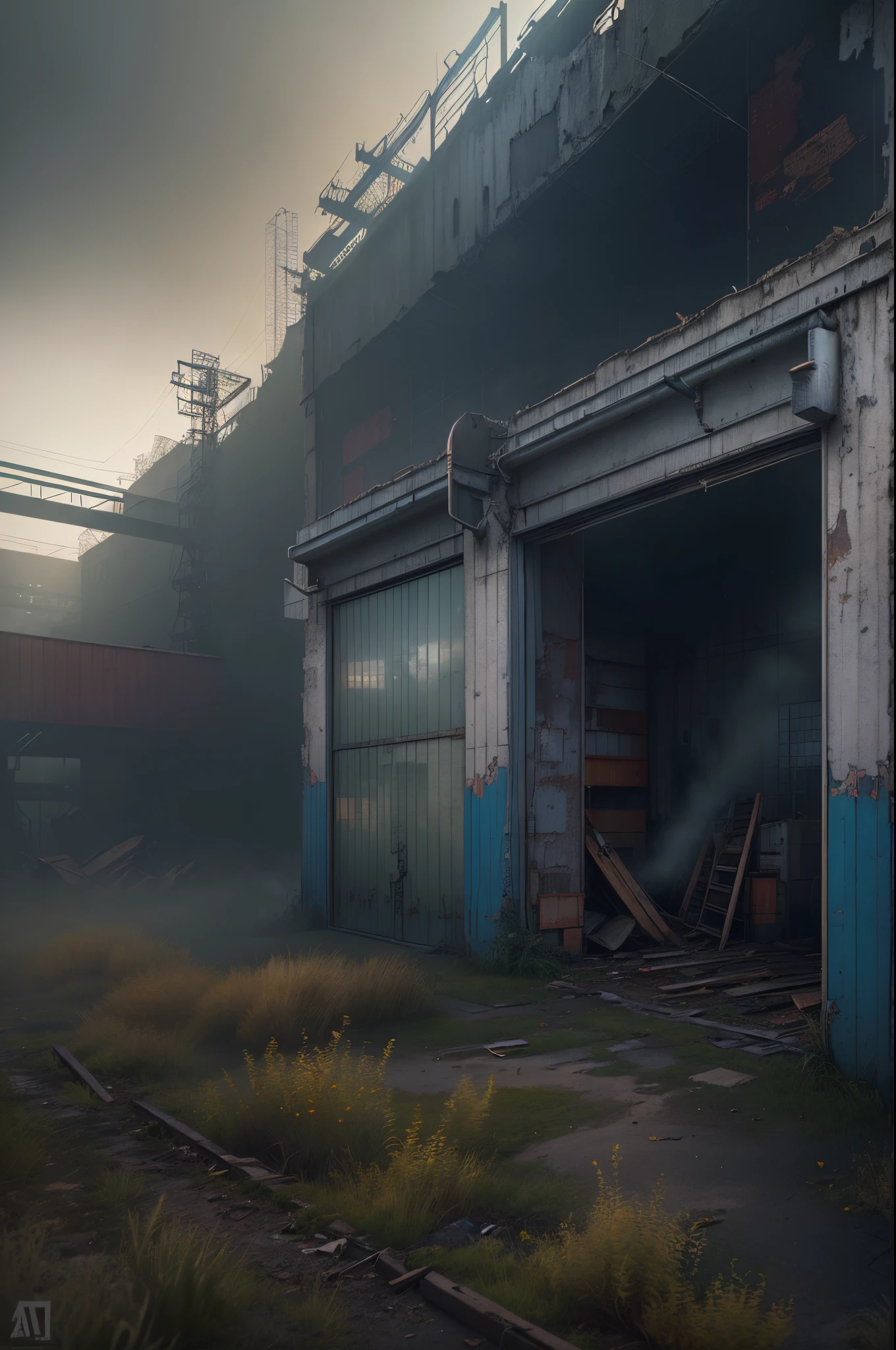 Dilapidated and abandoned space folding doors,In the background is a tall factory,Towering industrial buildings can be seen everywhere,Mist light,Low saturation,Cinematic shot-style,illusory engine,trending on artstationh,No Man,depth of fields,dense fog,Rained,Red light