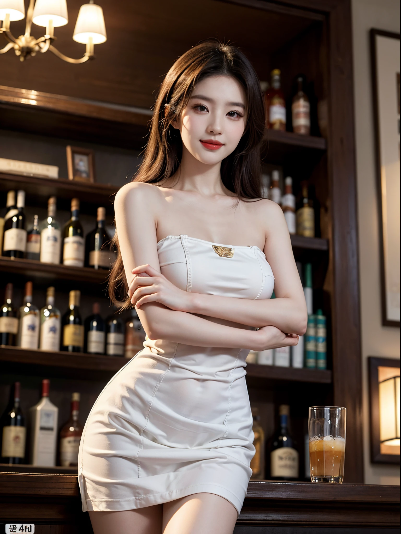 Special clothes34,bare shoulders,shirt, fashi-girl,red lips,mature female,makeup, liuyifei,((from below)),((cowboy shot)), a beautiful girl, a young female model,  random pose, elegant pose, visually appealing, masterpiece, (best quality, 4k, 8k, highres, masterpiece:1.2), ultra-detailed, ultra-fine painting, exquisite face, slender figure, smiling, radiant smile, In a bar, stand and lean against the bar counter