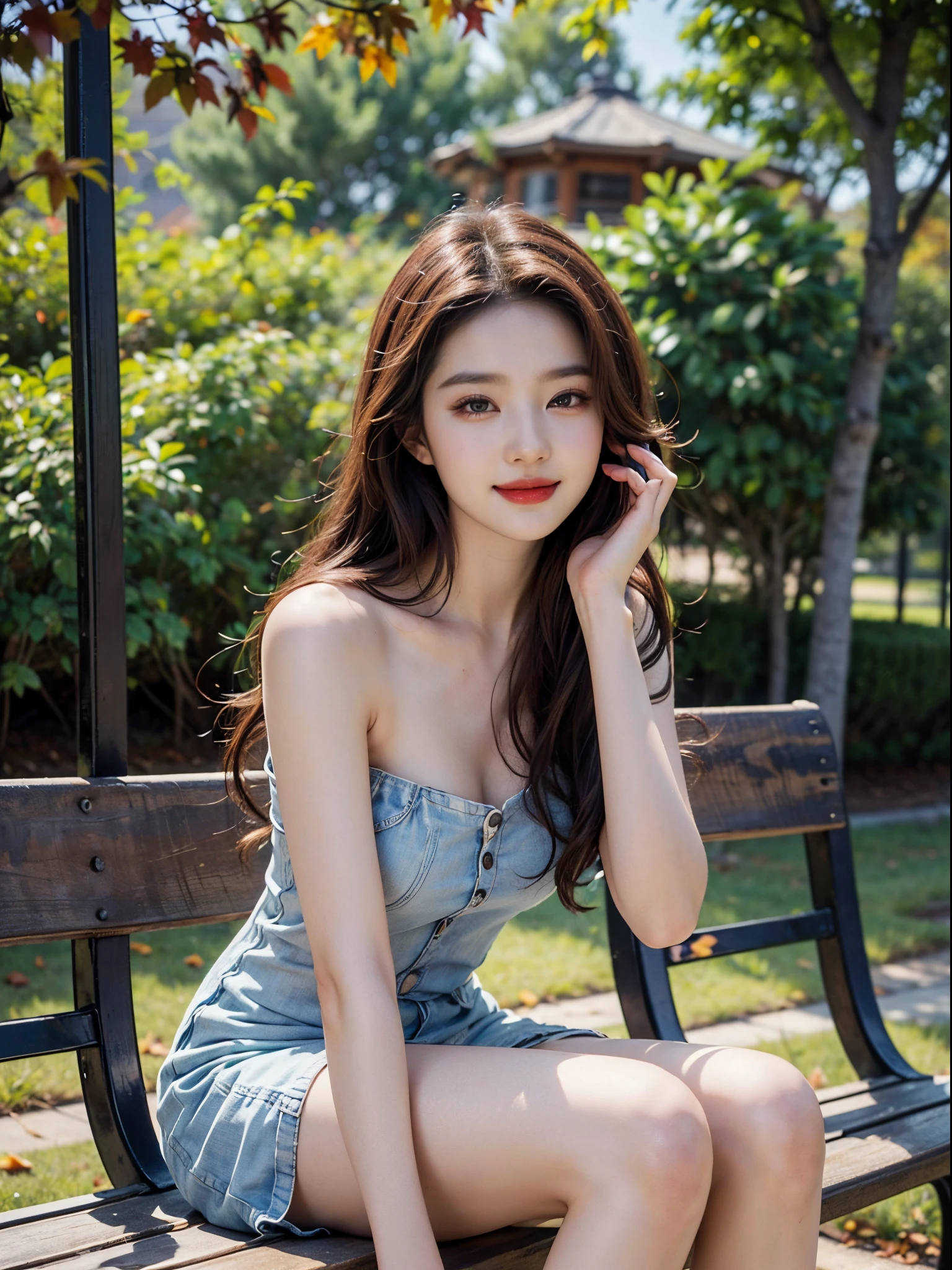 Special clothes34,bare shoulders,shirt, fashi-girl,red lips,mature female,makeup, liuyifei,(best quality,4k,8k,highres,masterpiece:1.2),ultra-detailed,realistic:1.37,portrait,beautiful girl,youthful female model,sweet girl,masterpiece,extremely detailed description,super fine painting,exquisite face,slim figure,long legs,smile,radiant smile, Sitting on the bench of the gazebo, autumn, autumn wind and leaves