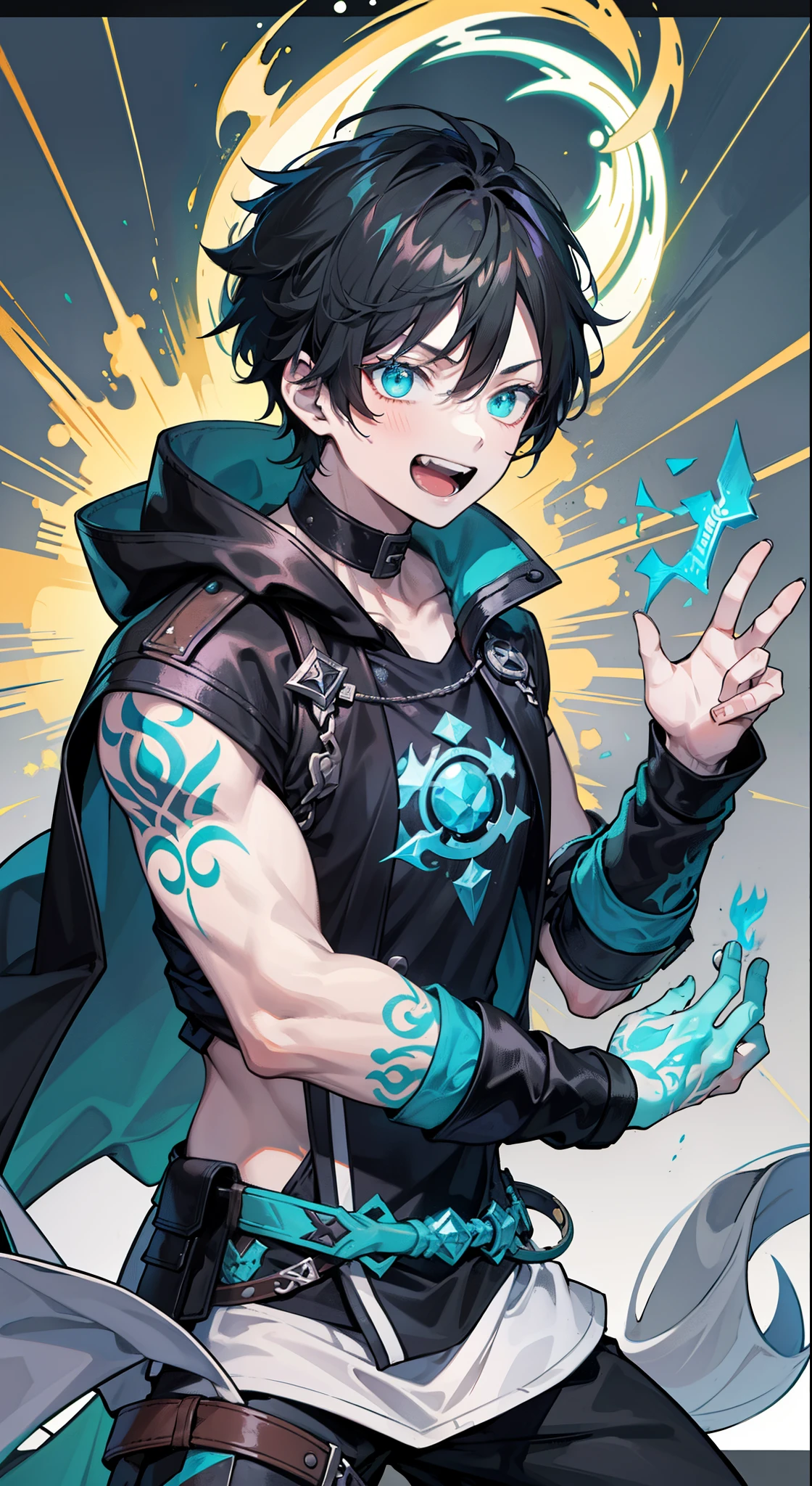 Young guy, short black hair, Cyan eyes, The Dark Wizard's Uncovered Mantle, green fire, Tatoo, Runes, combat stance, Crazy laughter, Masterpiece, hiquality