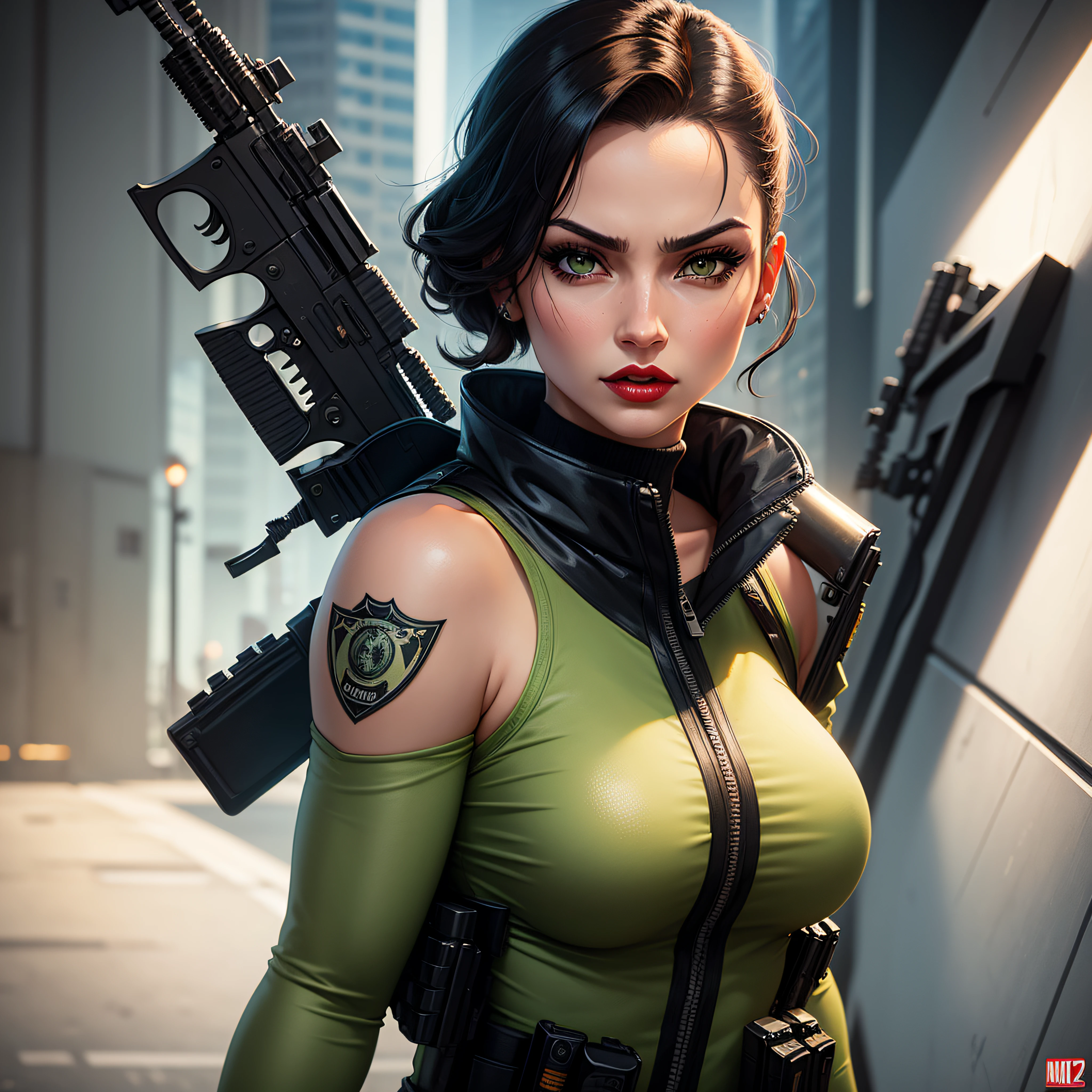 (masterpiece, best quality, 8k, sharp focus, depth of field, best shadows, perfect lights, HDR, realistic skin texture, hyper detailed background), Anime style, Long Angle Shot, solo, 1 woman, she is a mercenary, (green eyes, white skin, black hair with ponytail, choker, small breasts, slim, makeup, Eyeliner, gloss), she is doing a job on a futuristic korean city, holding a Tech-katana with a strong grip, night, sky, waning moon, wearing a nice tech-jacket and leather pants.