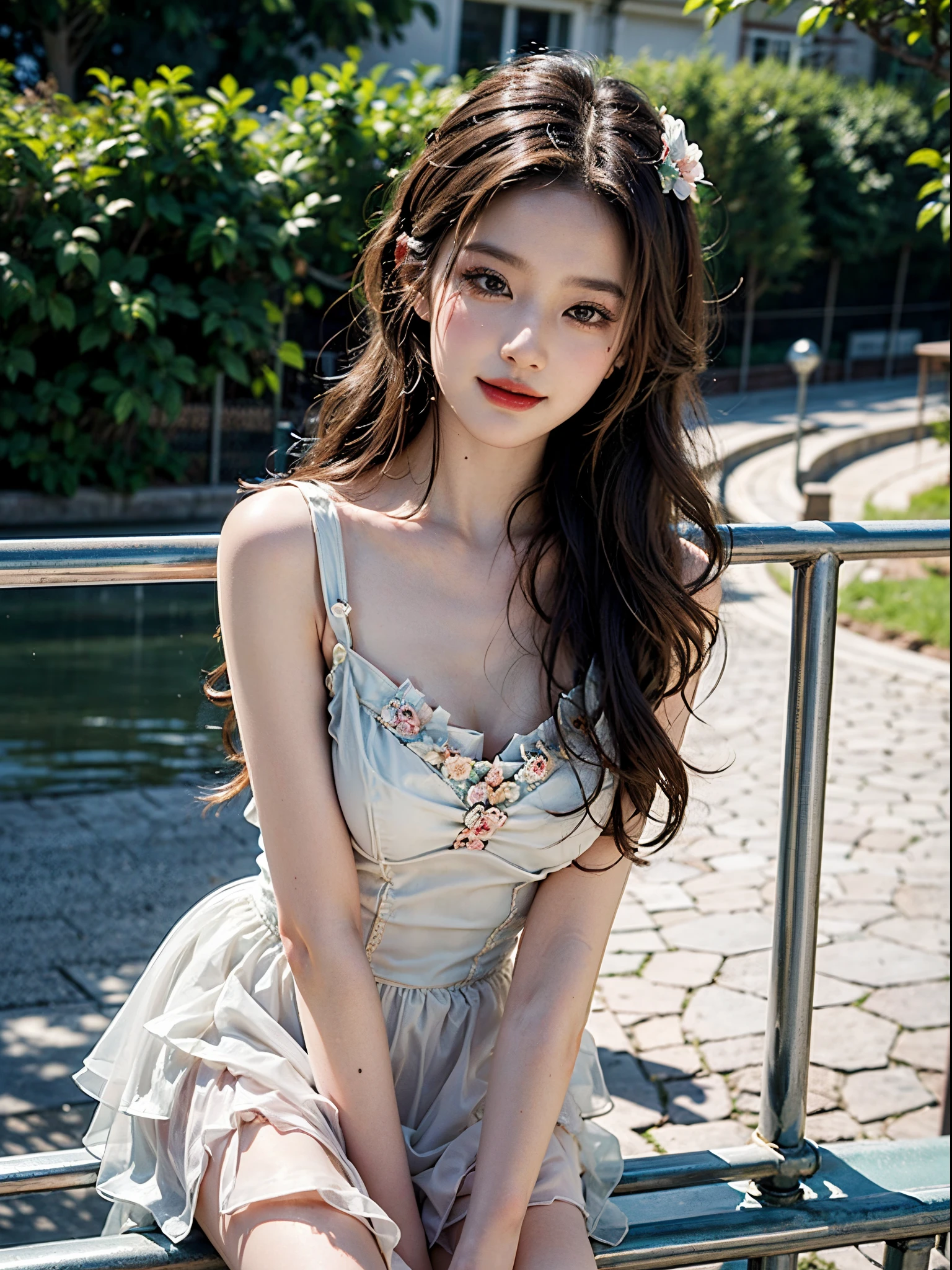 Romantic Rosette dress2, fashi-girl,red lips,mature female,makeup, liuyifei, ((cowboy shot)), (best quality, masterpiece:1.2), ultra-detailed, (realistic:1.37), beautiful, youthful, glamorous model with (detailed eyes, detailed lips, extremely detailed eyes),   in a knee shot, with white and floral colors, showcasing a radiant smile, slender figure, long legs, creating a breathtaking depiction of a girl enjoying the sunshine, On the bow, leaning against the guardrail, looking into the distance