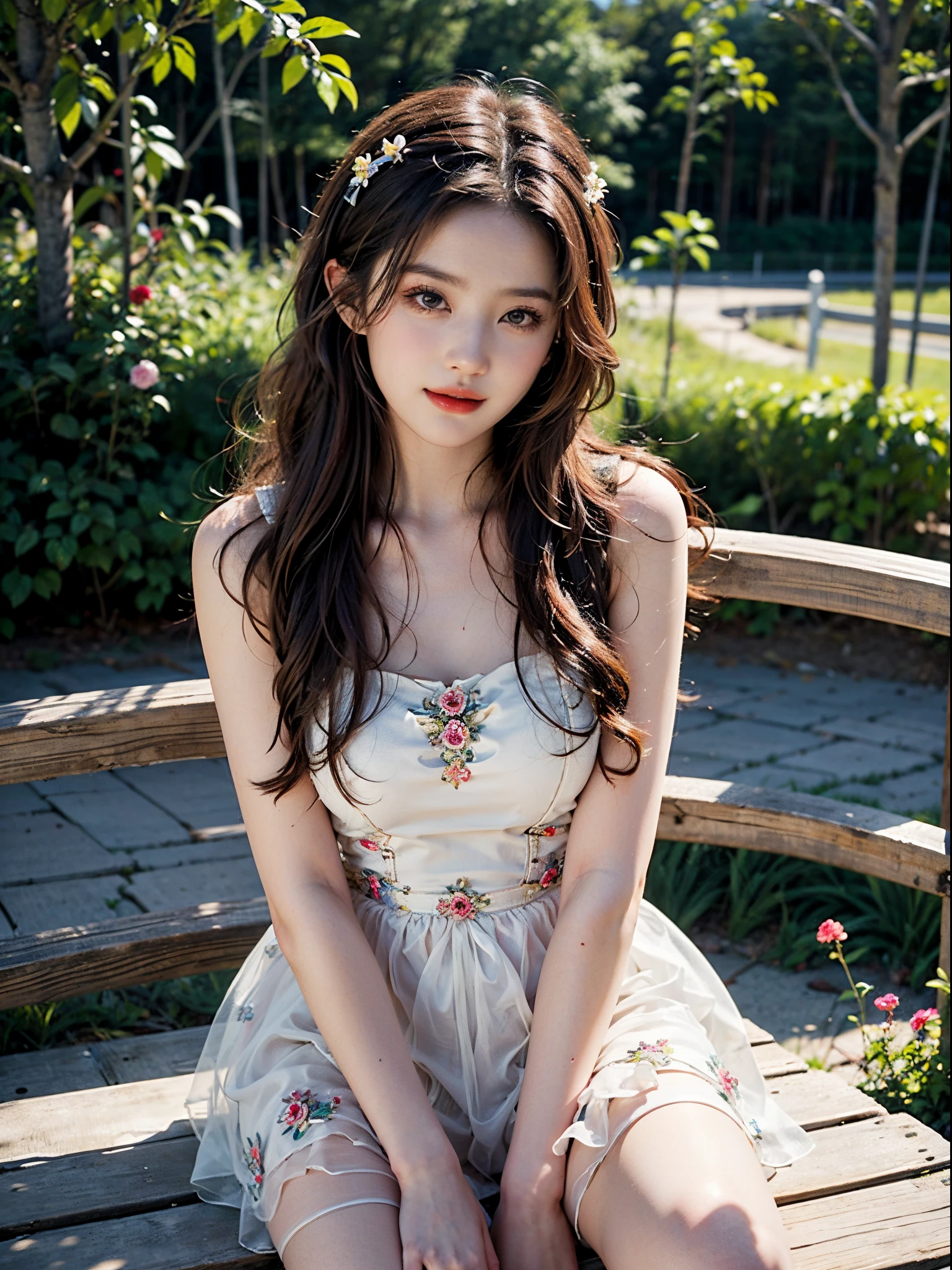 Romantic Rosette dress2, fashi-girl,red lips,mature female,makeup, liuyifei, ((cowboy shot)), (best quality, masterpiece:1.2), ultra-detailed, (realistic:1.37), beautiful, youthful, glamorous model with (detailed eyes, detailed lips, extremely detailed eyes),   in a knee shot, with white and floral colors, showcasing a radiant smile, slender figure, long legs, creating a breathtaking depiction of a girl enjoying the sunshine, On the bow, leaning against the guardrail, looking into the distance