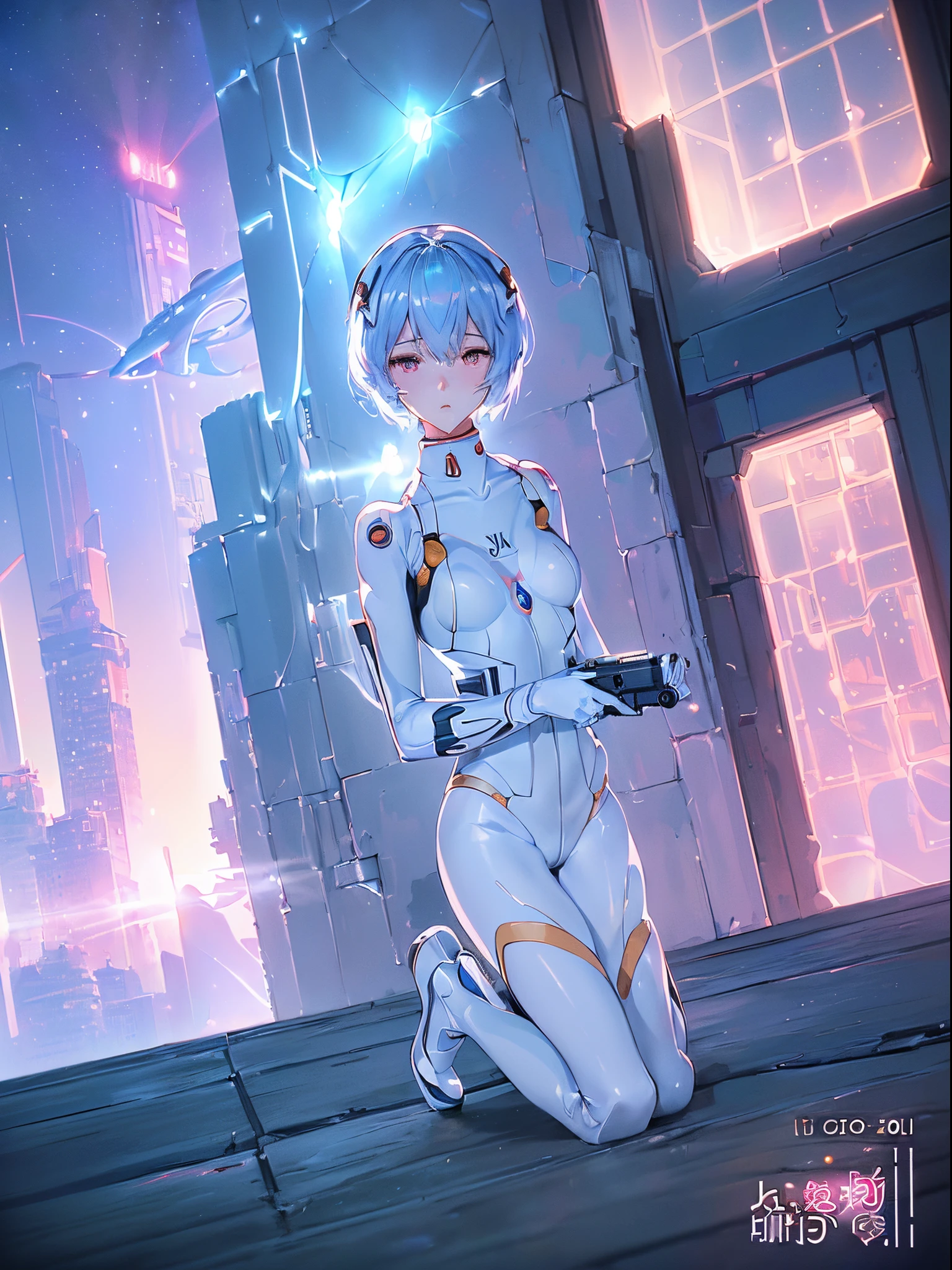 NSFW、(((Ayanami Rei))),1girl in,Solo,(masutepiece,Best Quality, Official art, Beautiful and aesthetic:1.2),(超A high resolution, (4K), (Photon mapping, Radio City, Physically-based rendering,Automatic White Balance), technological sense,amazing,爆乳,Rich background, (((High detailed skin,)))Dynamic lighting,intricate detailed outfit,kawaii,Watery eyes,((Short hair,))deadpan, skiny, turtle neck, body suit, mechs,(masterpiece sidelighting),(a beauty girl,The sheen),(sky blue hair,Pink eyes,）[[Delicate fingers and hands:0.55]::0.85],(Detail fingers),(kneel down on the ground), 20d,((universe:1.4),gun,(Shooting position:1.3),