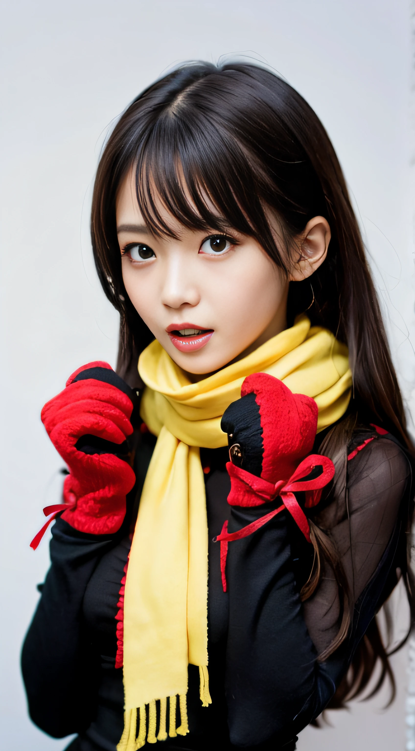 km, 1girl in, ascot, blush, Bow, Brown eyes, Brown hair, Hair Bow, hair tubes, Komono, Long hair, mittens, nontraditional miko, 1-hour drawing challenge, Open mouth, Portrait, Red bow, Red mittens, scarf, side locks, Simple background, Solo, White background, yellow ascot, yellow scarf