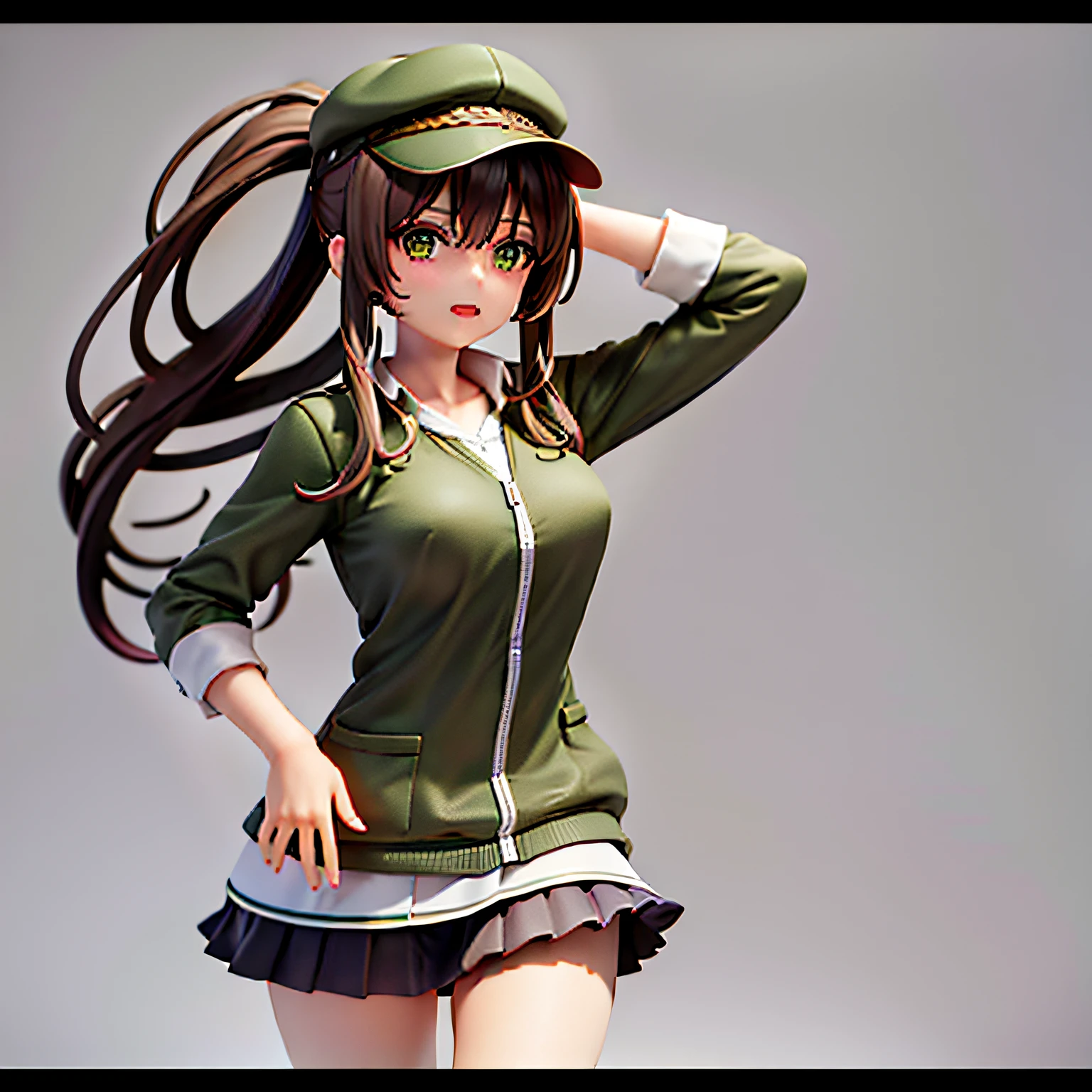 Brown hair woman, high ranking official clothes, wearing a cap, long hair, ponytail style, tight skirt, green eyes