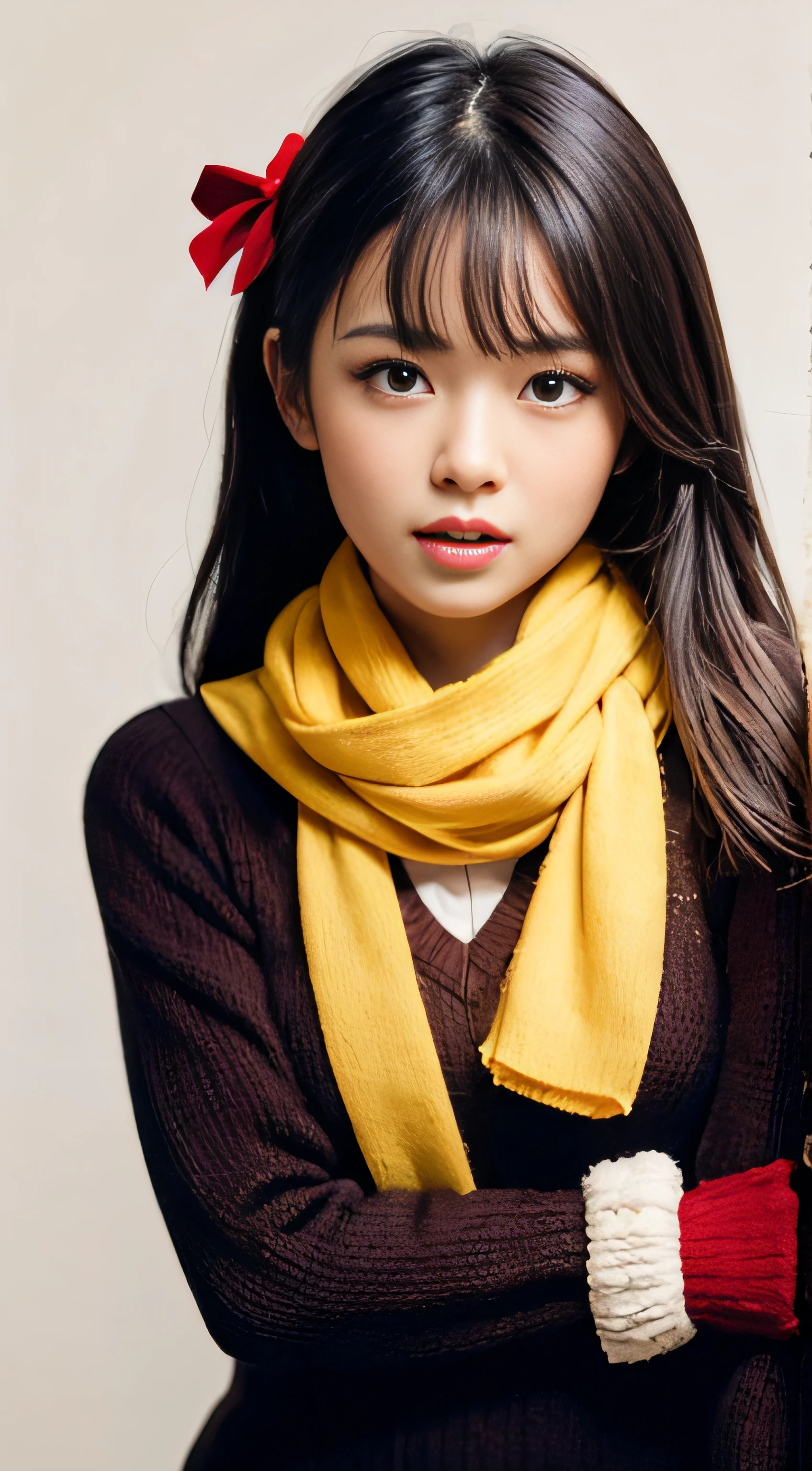 km, 1girl in, ascot, blush, Bow, Brown eyes, Brown hair, Hair Bow, hair tubes, Komono, Long hair, mittens, nontraditional miko, 1-hour drawing challenge, Open mouth, Portrait, Red bow, Red mittens, scarf, side locks, Simple background, Solo, White background, yellow ascot, yellow scarf