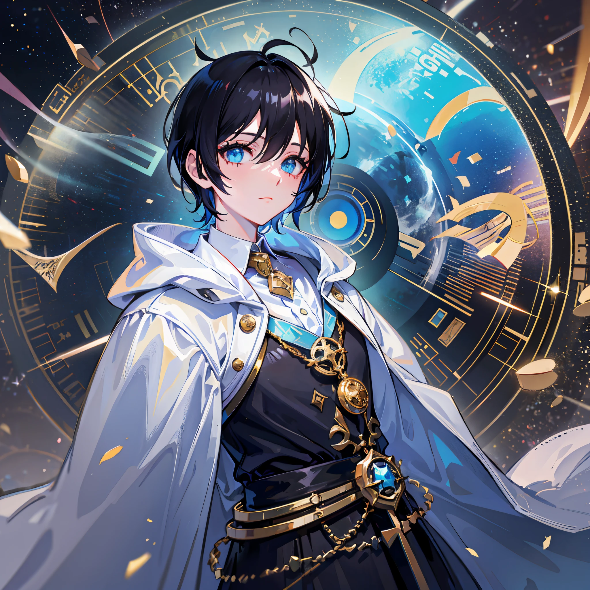 ((the black))Fluffy short hair，Cyan eyes，Libido boy，Blue-white robe，God of time and space，Magic Light Wheel，Space-time elements，Eyes gaze，Pay attention to detail，HighestQuali，with short black hair
