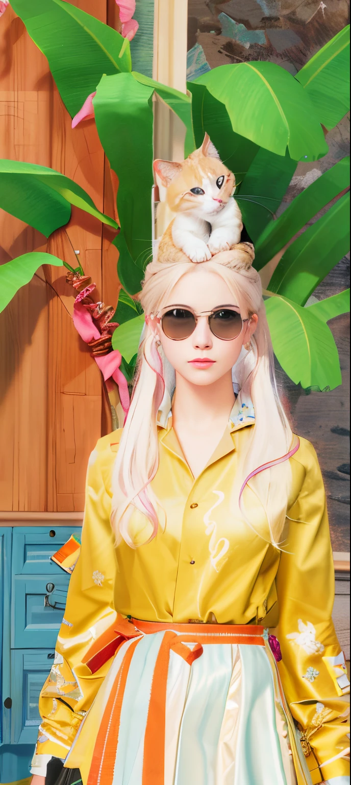 best quality, masterpiece, 1girl, Beautiful face, (blonde hair), (photo realistic:1.3), rim lighting, (high detailed skin:1.2), 8k uhd, dslr, high quality, high resolution, 4k, 8k, Bokeh, absurdres, best ratio four finger and one thumb, (realistic:1.3), cute 1girl, wearing blue blazer school uniform, medium breasts, short skirt, ponytail contorted,a White Cat On Her Head