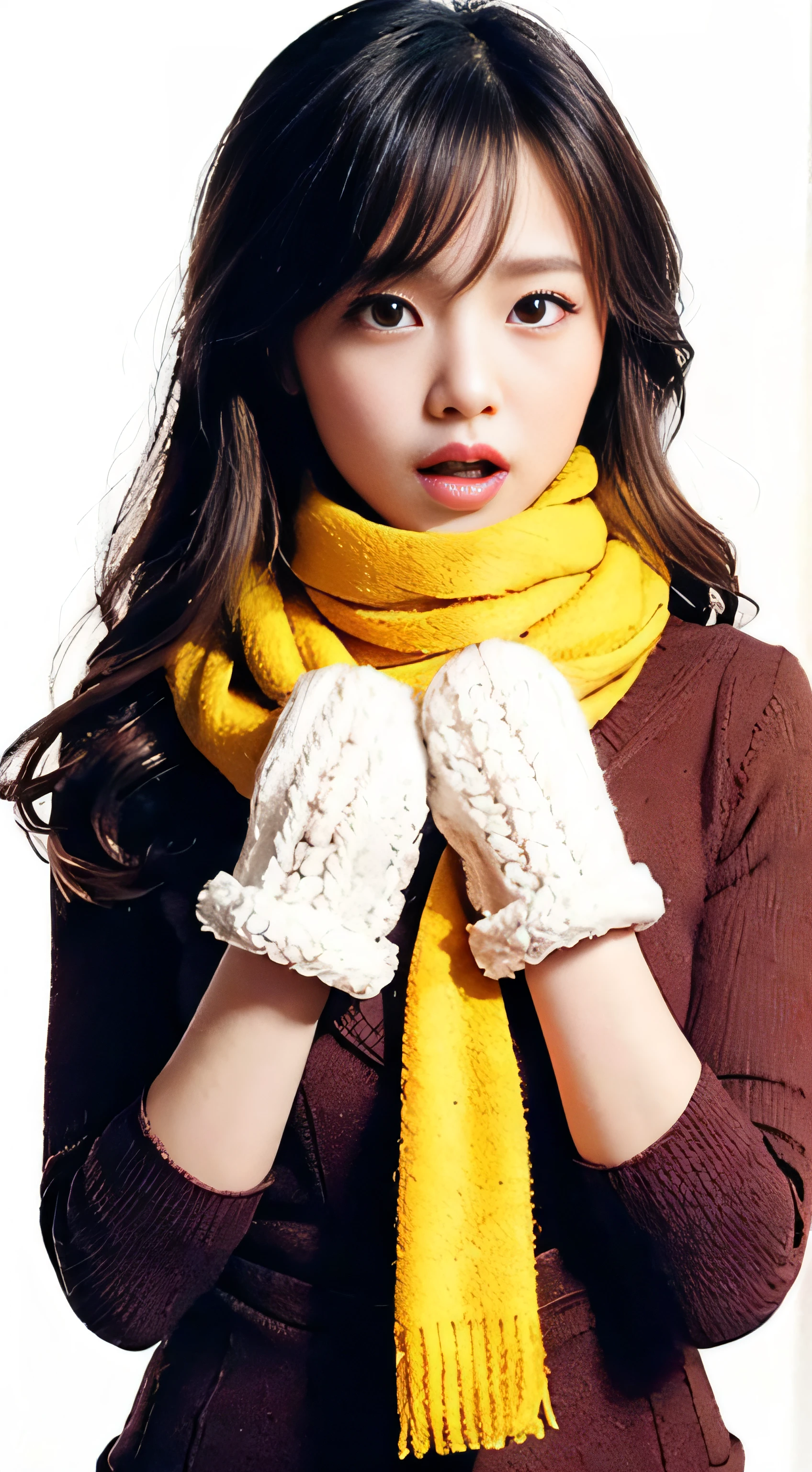 km, 1girl in, ascot, blush, Bow, Brown eyes, Brown hair, Hair Bow, hair tubes, Komono, Long hair, mittens, nontraditional miko, 1-hour drawing challenge, Open mouth, Portrait, Red bow, Red mittens, scarf, side locks, Simple background, Solo, White background, yellow ascot, yellow scarf