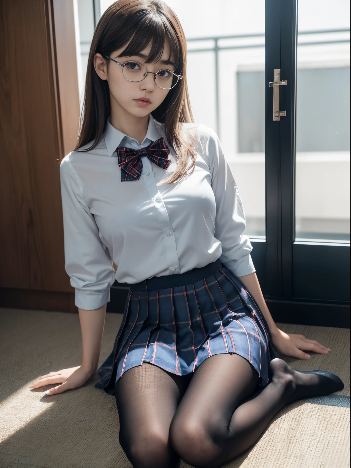 (Underwear is visible)、((Narrow-eyed))、((Narrow-eyed))、((Narrow-eyed))、(8K、Raw photography、top-quality、​masterpiece：1.2),、Has a small、(flat breast)、(flat breast)、(flat breast)、(flat breast)、(flat breast)、(being thin)、light skinned、skin whitening、Dark look、Rasping,glamor,Chromo-white skin,cocky,School,watching at viewers,Looking at the front,Muchimuchi,High-pitched clothing,Erotic,Pupils,de pele branca,kne,((Black pantyhose)),absurderes,a small face,,Forehead visible,Bangs hanging from the left and right sides of the forehead,(a cold expression,Tight eyes,glares,Bullish,irate)、​masterpiece,top-quality、超A high resolution,Raw photo,ren,Beautiful fece,One Person, 独奏,eye glass,,Dark look,Small breasts,fullllbody,Round glasses,JK school uniform,hi-school girl,A Japanese Lady,is standing,（Photorealsitic：1.37）、Photon mapping,Realistic、Beautie,Cute little face,Brown-eyed、Black socks、(Red bow tie)、Radio City、Physically Based Rendering、depth of fields、Blurry background、a picture,Body,beauty legs, Long legs, Thin leg,(Bangs are visible), hair, s lips, Blue_The eye, nosesoft,(Light blue shirt), (Navy and blue and white plaid pleated skirt), Knees are visible,Sheer clothing,, Thigh, Black cotton socks,Nogizaka Idol, 女優, Japanese ido
