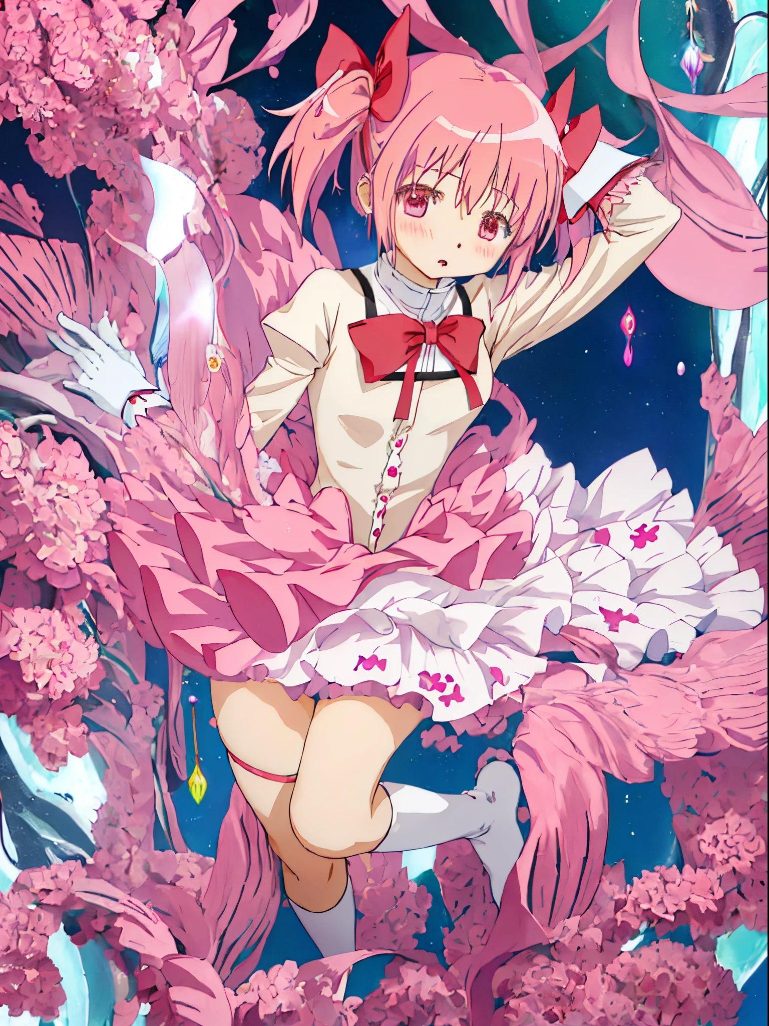 NSFW、Best Quality, masutepiece, hight resolution, Solo, {Kaname_madoka_Puera Magimado Magica:1.15}, Pink_hair, Short_hair, Twin-tailed, Short_Twin-tailed, Pink_Eyes, bow ribbon, hair_bow ribbon, Bow, blush, 1girl in, Mitakihara_School_uniform, Official_Style, parody, School_uniform, Anime_Coloring, Style_parody, up looking_で_viewer