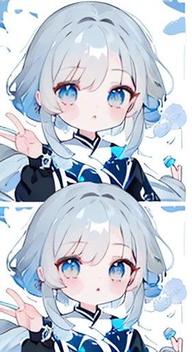twinsies、monochrome color,closing eye、 Blue Art, grayscales、masterpiece、top-quality、Top image quality、Hanging eyes、kawaii、校服、the wind、Chibi