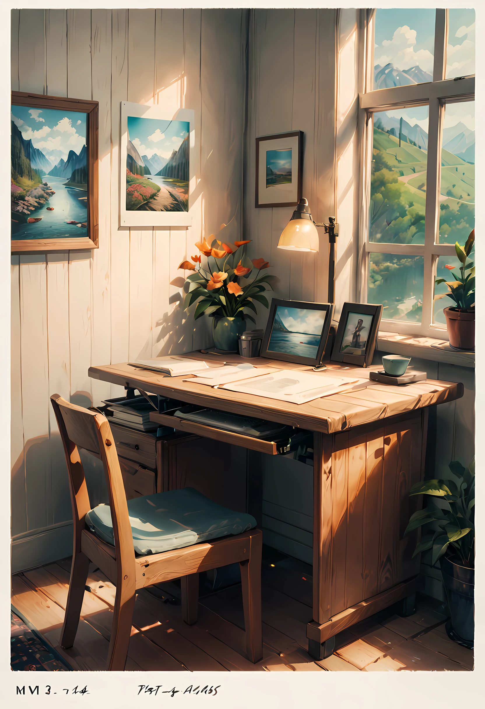 (masterpiece, best quality:1.2), no humans, (postcards, desk:1.1), postcards, interior, postcards of various landscapes, desk, pencil, postcards, warm tone, Fujifilm, motion blur, cinematic lighting, bloom, chromatic aberration abuse, film grain, Fujicolor, masterpiece, super detail, highres, best quality