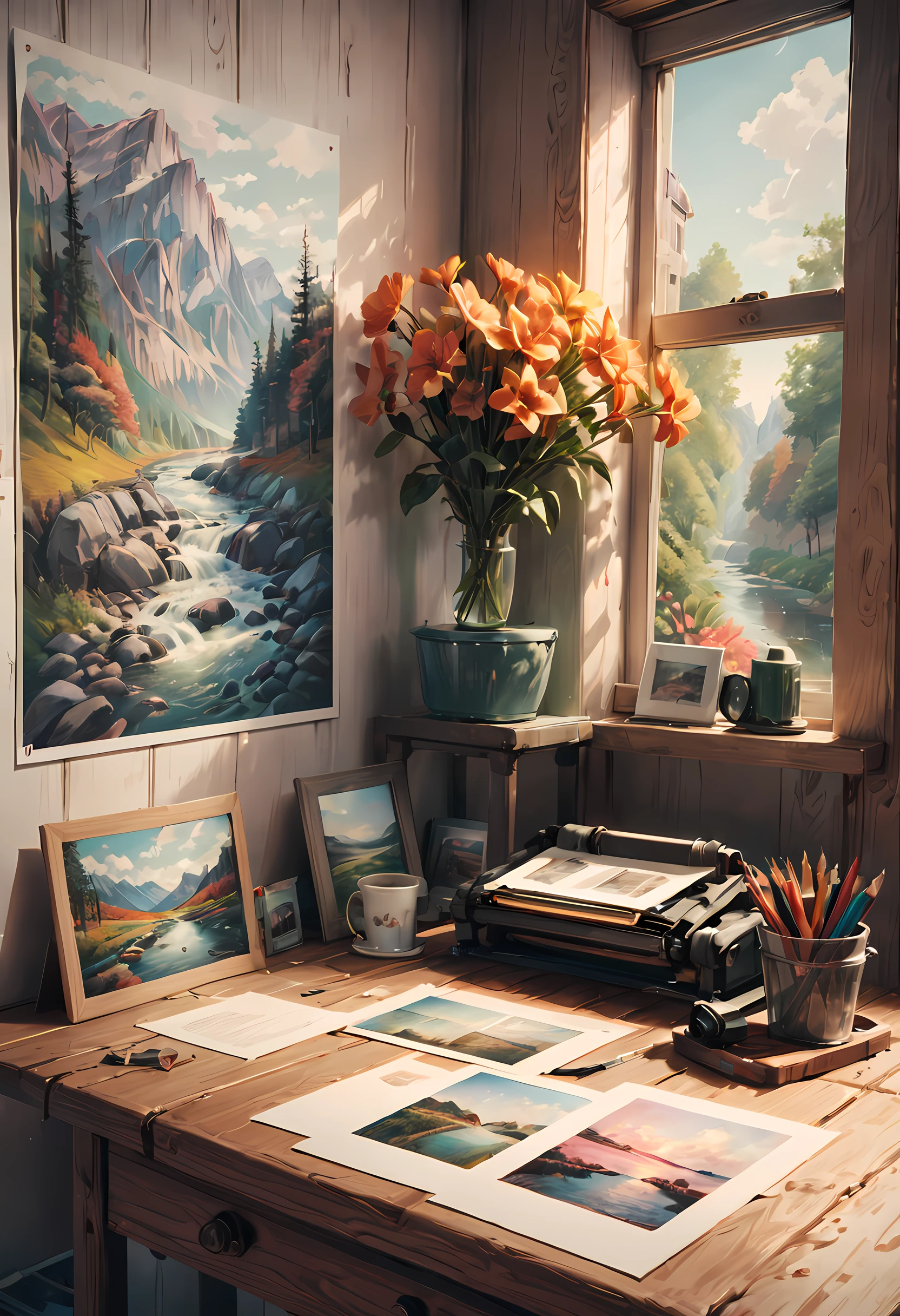 (masterpiece, best quality:1.2), no humans, (postcards, desk:1.1), postcards, interior, postcards of various landscapes, desk, pencil, postcards, warm tone, Fujifilm, motion blur, cinematic lighting, bloom, chromatic aberration abuse, film grain, Fujicolor, masterpiece, super detail, highres, best quality