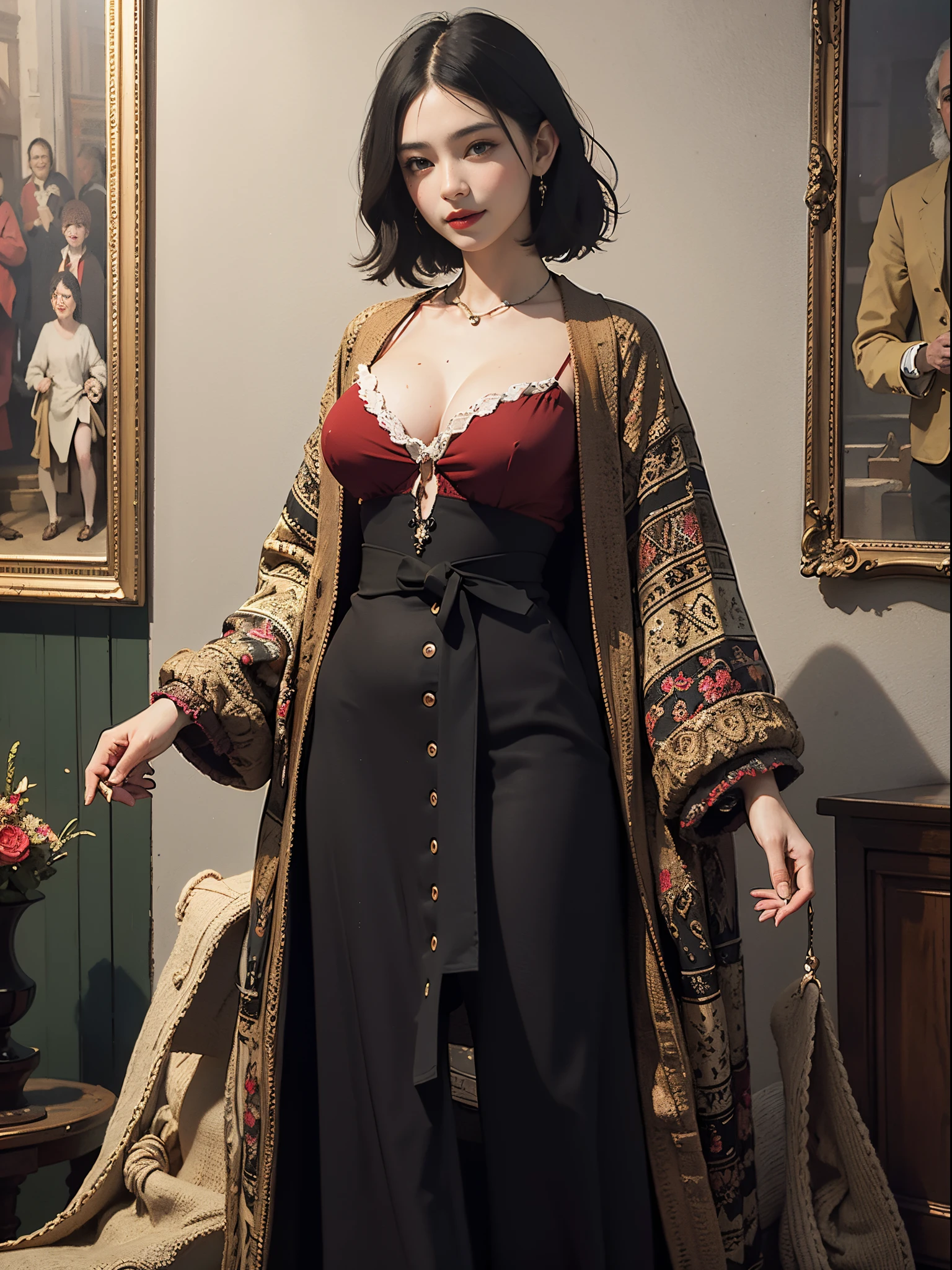 professional photograph, (finerly detailed face:1.2),beautiful detailed eyes,beautiful detailed lips,longeyelashes, narrow waist, slender, moist skin,soft lighting,portrait photography, (full body:1.2),Rembrandt lighting, 1 woman,(smiling:1.2), (large breasts:1.3), (looking at viewer:1.2), short bob hair, BREAK (black theme), (antique style:1.4), Long_chic_dress, BREAK (red theme), long_wool_coat, William Morris, Arts and Crafts movement, intricate patterns, nature-inspired designs, wallpaper art, textile creations, British heritage,