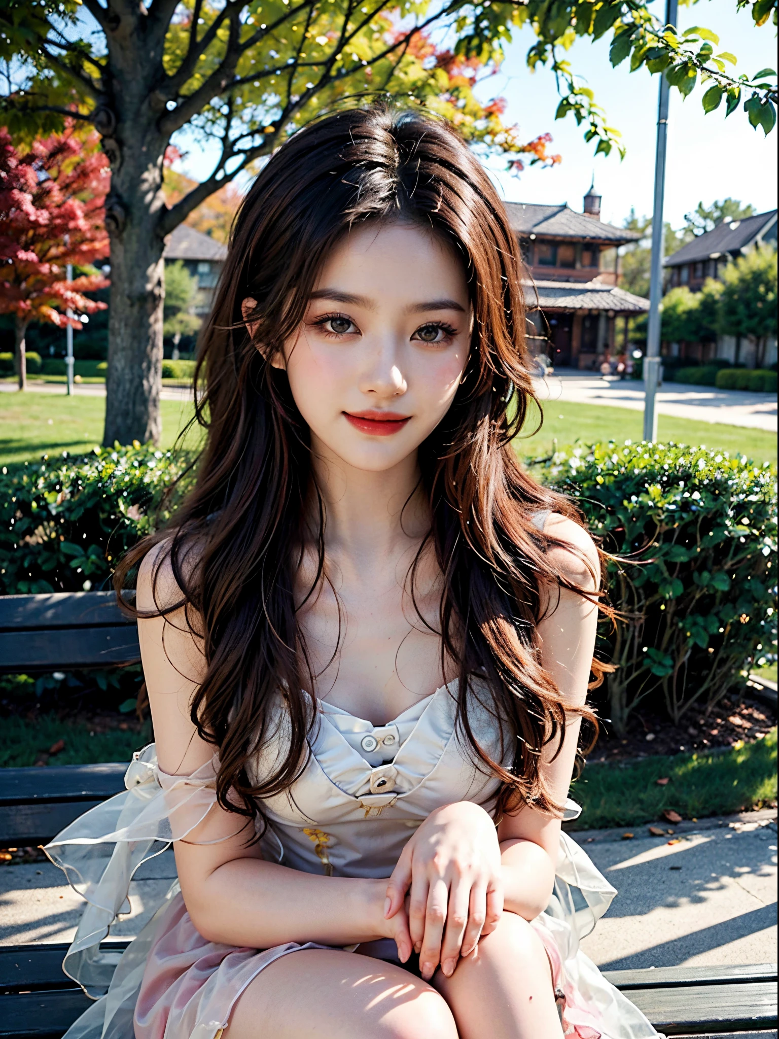 Romantic Rosette dress2, fashi-girl,red lips,mature female,makeup, liuyifei,(best quality,4k,8k,highres,masterpiece:1.2),ultra-detailed,realistic:1.37,portrait,beautiful girl,youthful female model,sweet girl,masterpiece,extremely detailed description,super fine painting,exquisite face,slim figure,long legs,smile,radiant smile, Sitting on the bench of the gazebo, autumn, autumn wind and leaves