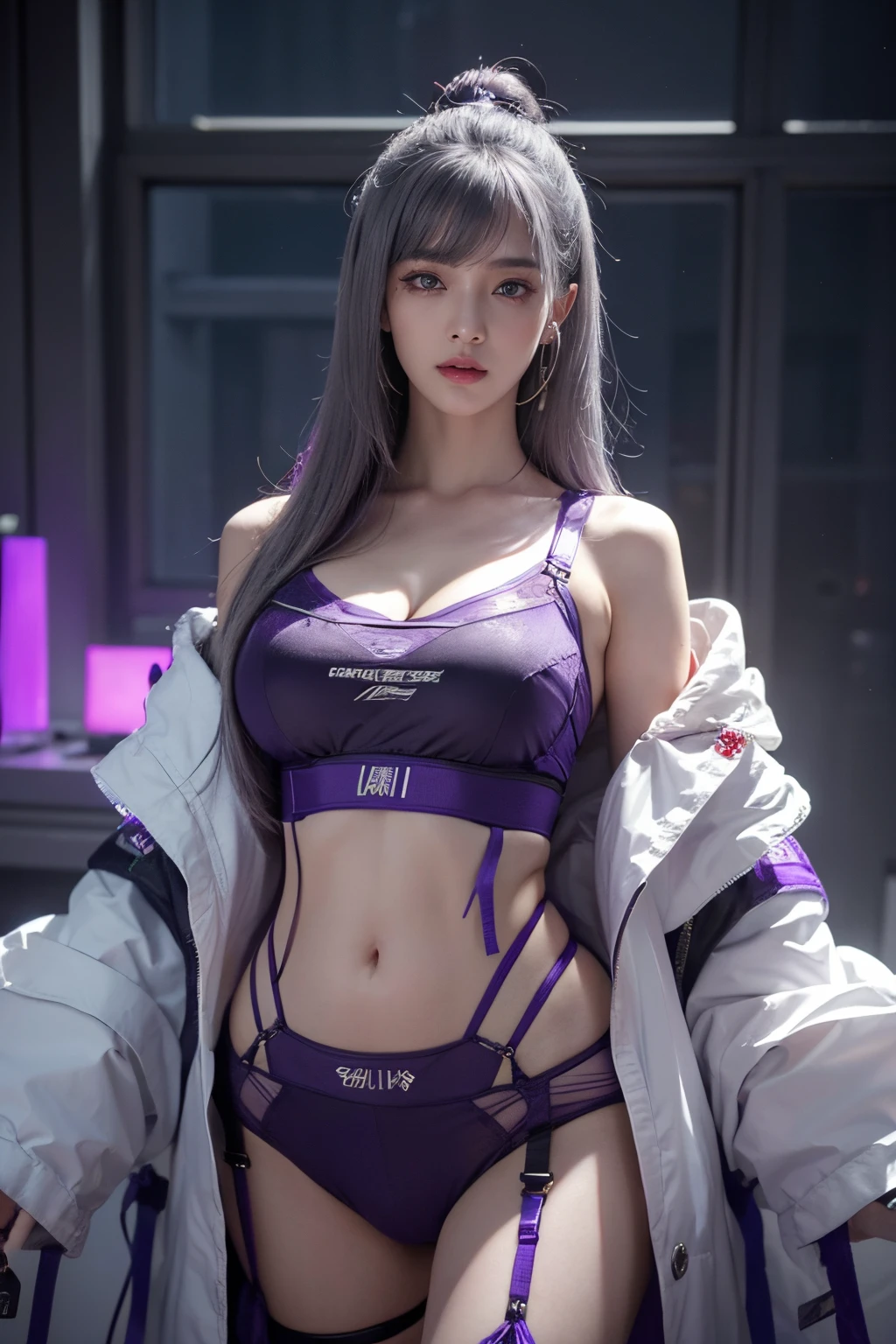 tmasterpiece,Best quality,A high resolution,8K,(Portrait),Head close-up,Original photo,digital photography,(Female scientists in sci-fi style),20岁女孩,random,By bangs,(Purple Eyes),(Gray hair),A plump chest,cleavage,Elegant and noble,Serious and indifferent,Open white coat,Purple suspender underwear,rich details​,Keep your mouth shut,exposing your navel,Intricate ornaments,Cyberpunk futuristic style,(Female scholars),Photo pose,white backgrounid,oc render reflection texture