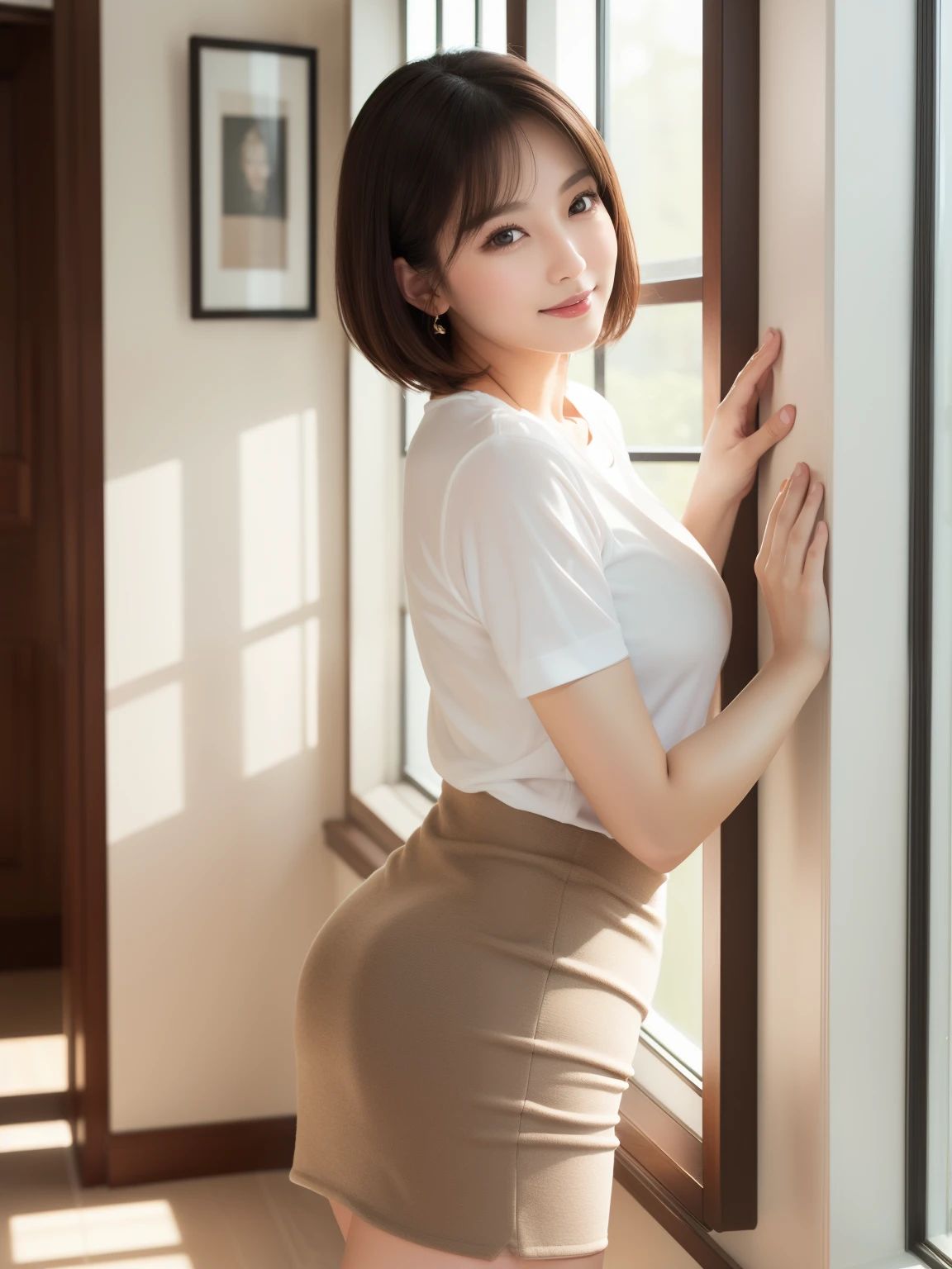 ((​masterpiece))、((top-quality))、a picture、Realisticity、high-level image quality、ultra-detailliert、Delicate facial features、short-hair、Realistic backgrounds and accessories、large and soft chest、age 40s、a secretary、Plump body、Sexy smile、Office hallway、Light through the window、lean against the wall、tight short sleeve knit、Tight skirt、thighs thighs thighs thighs、s ass、