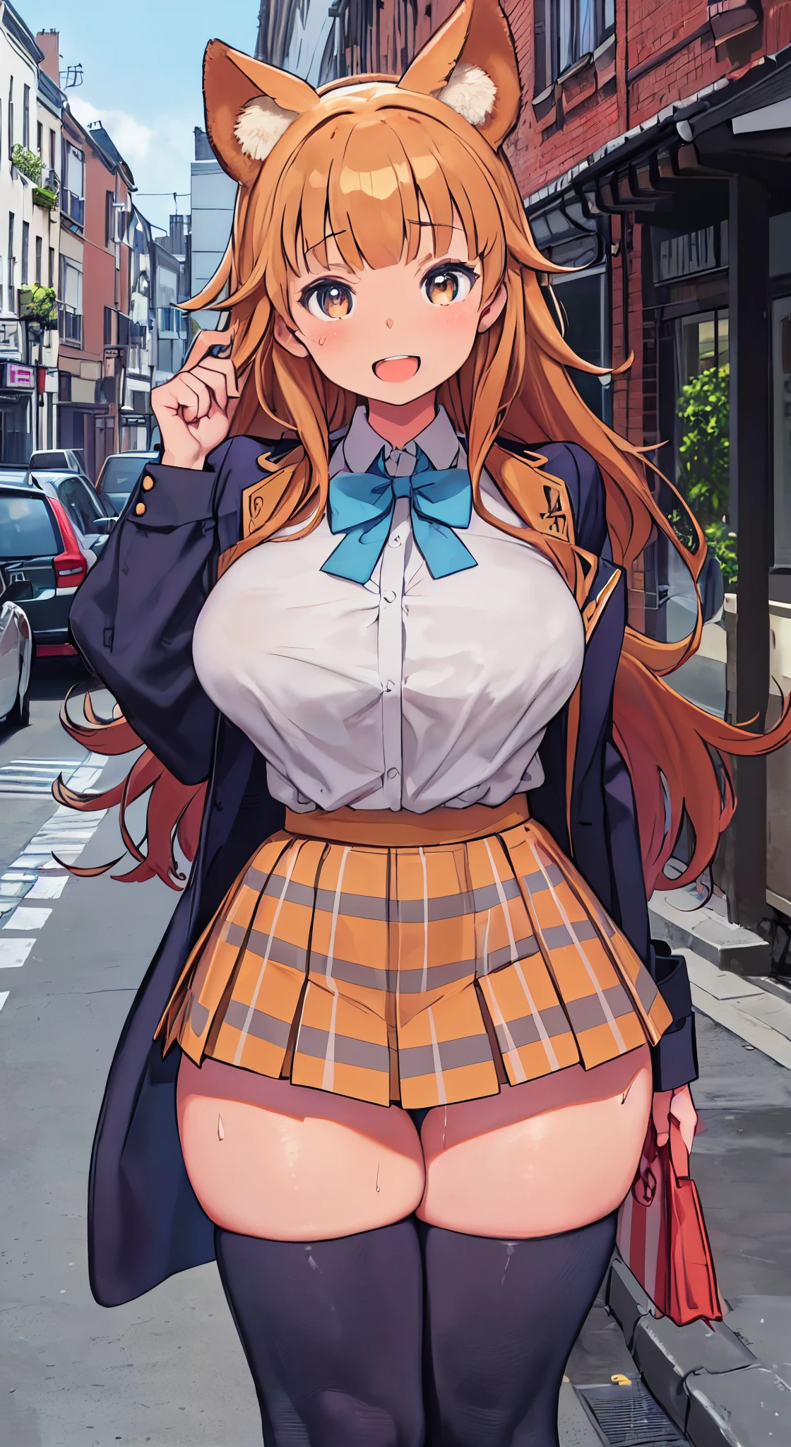 (( 1girl in)), NSFW、blush,(well-muscled)、Brown skin、Golden hair、the eyes are orange、(((large full breasts)))、((big butts))、(((thick thighs)))、Sweat、:D、Long hair、((Unkempt hair))、School uniform、Red mini skirt、Blue jacket、(Light blue striped panties)、In the street、((Panchira))