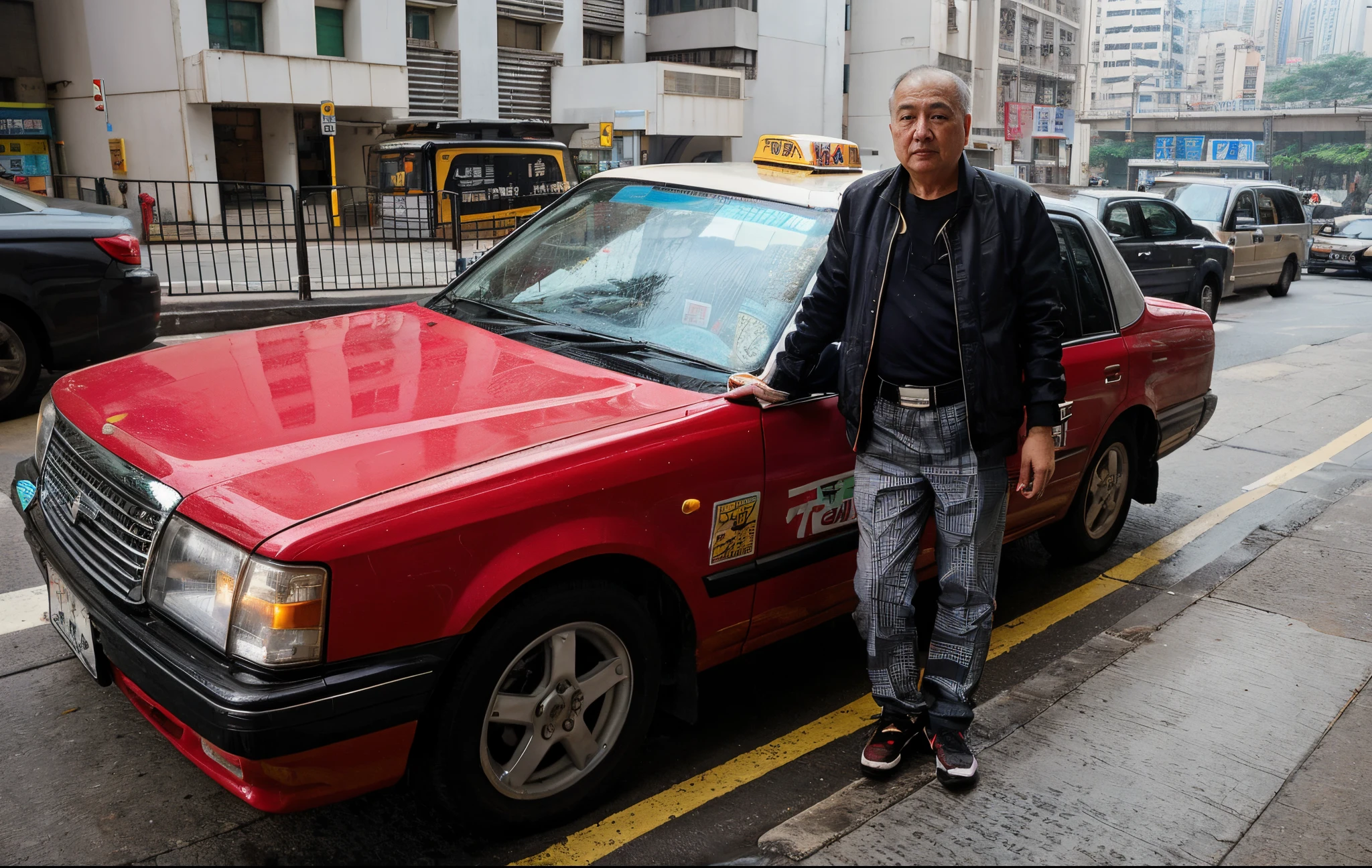 On the streets of the city,Alafid man standing next to taxi, in hong kong, cabs, The streets of Hong Kong, cabs, Zhang's grandmother, Liu Zhanzhu, Lin Quanxin, jacky tsai style, eye-catching composition, Zhang Jin, kowloon, Wong Kar-wai style, Nikon Z9 shot, Lin Xiang