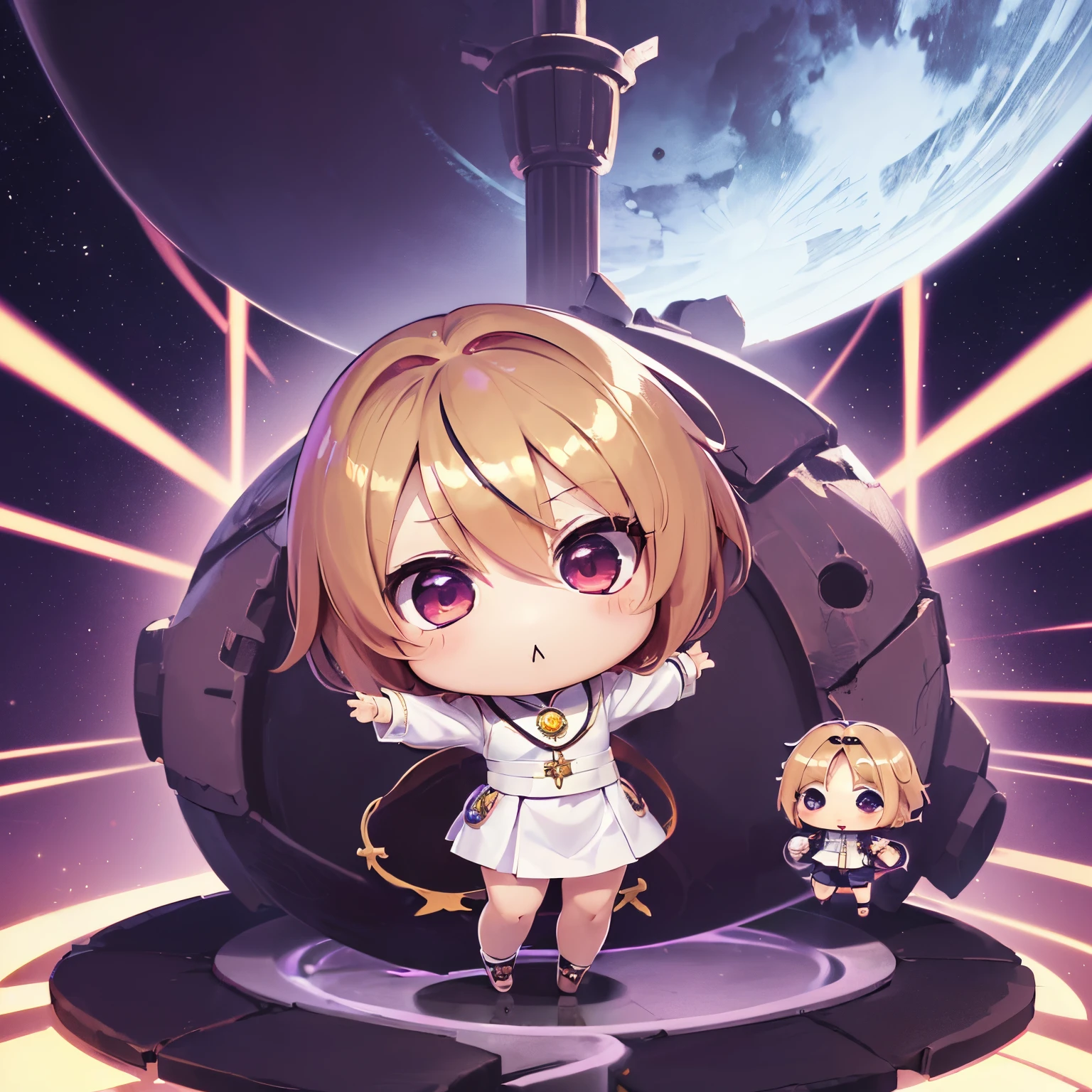 super high quality, (chibi character, deformed, full body, big head:1.5), 3D, cute deformed character with bulging cheeks, blonde light brown bob cut, priest woman, priest costume, purple big eyes with golden cross lights, background fantasy