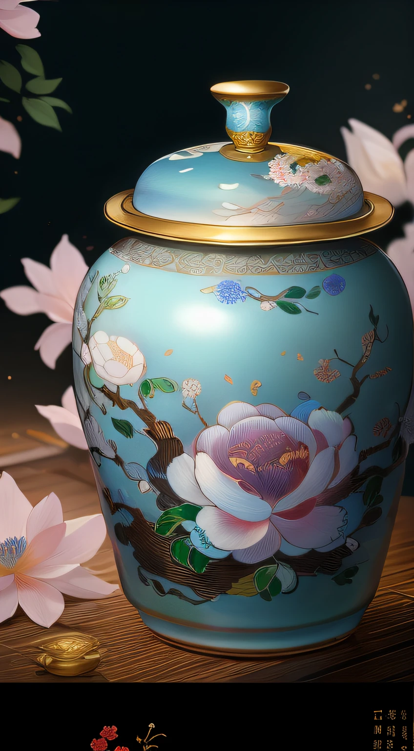 Jars with glazed lids depict the beautiful world of flowers and birds，author：Li Meishu, Delicate and precise brushwork, beautiful detail and color, cloisonne, Chen Chun, In line with ancient Chinese aesthetics, Intricate and accurate details, beautifully painted, Inspired by PwC