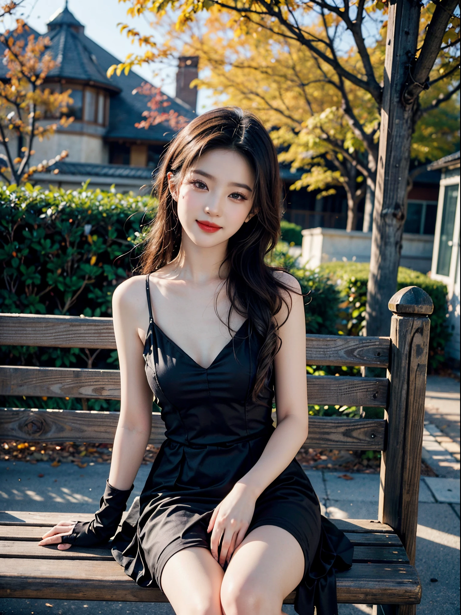 black dress, black gloves, pantyhose, fashi-girl,red lips,mature female,makeup, liuyifei,(best quality,4k,8k,highres,masterpiece:1.2),ultra-detailed,realistic:1.37,portrait,beautiful girl,youthful female model,sweet girl,masterpiece,extremely detailed description,super fine painting,exquisite face,slim figure,long legs,smile,radiant smile, Sitting on the bench of the gazebo, autumn, autumn wind and leaves