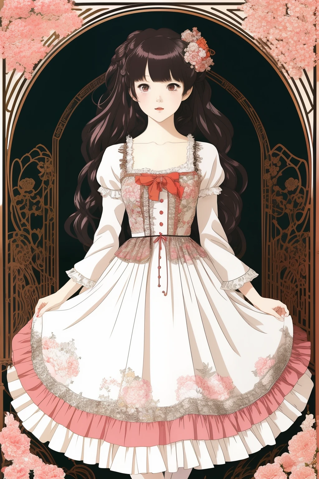 Anime girl in dress. print on the dress , Ruffles , frills, , ornate outfit,drawing of a girl in a dress with a fan, extremely fine ink lineart, Beautiful line art, line art!!, perfect lineart, Line Art Illustration,artbook artwork, anime art nouveau, loli in dress, in a whimsical exquisite dress, official artwork, careful drawing with fine ink, korean art nouveau anime, cute anime waifu in a nice dress, anime cover, lolita fashion, aristocratic appearance, artbook, official artbook, Lolita style, Dynamic posture,