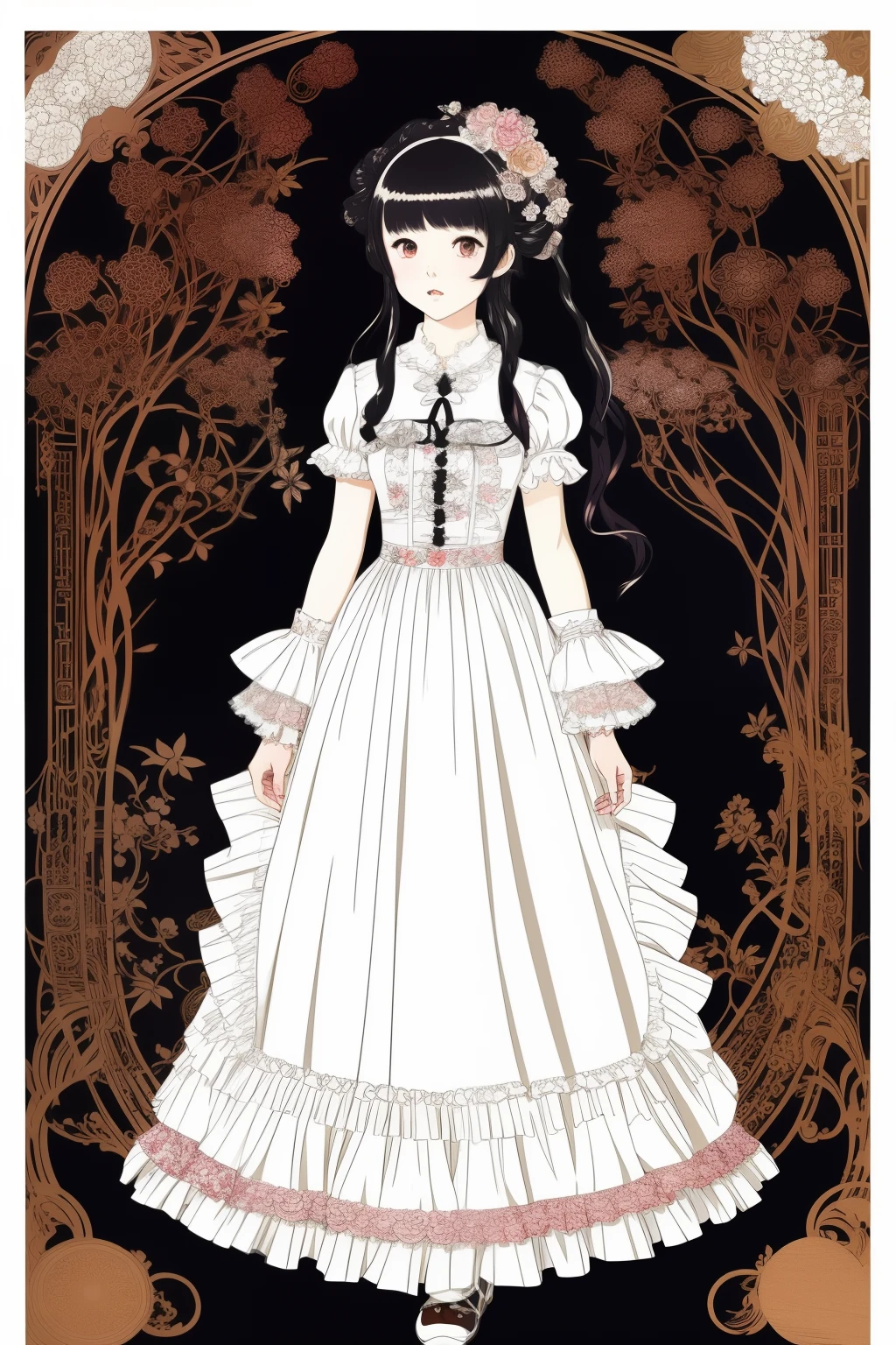 Anime girl in dress. print on the dress , Ruffles , frills, , ornate outfit,drawing of a girl in a dress with a fan, extremely fine ink lineart, Beautiful line art, line art!!, perfect lineart, Line Art Illustration,artbook artwork, anime art nouveau, in dress, in a whimsical exquisite dress, official artwork, careful drawing with fine ink, korean art nouveau anime, cute anime waifu in a nice dress, Anime cover, loliashion, aristocratic appearance, ,Lolita s, Dynamic posture,