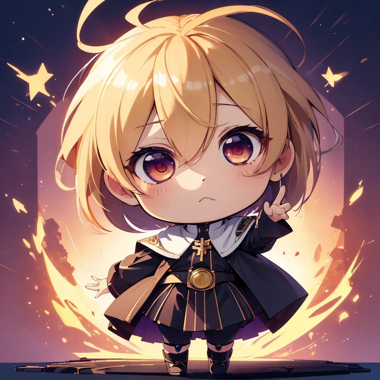 super high quality, (chibi character, deformed, full body, big head:1.5), 3D, cute deformed character with bulging cheeks, blonde light brown bob cut, priest woman, priest costume, purple big eyes with golden cross lights, background fantasy