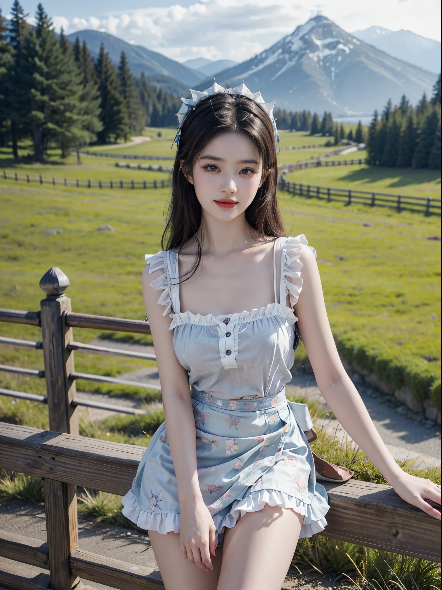 fishnets, apron,skirt,maid headdress, fashi-girl,red lips,mature female,makeup, liuyifei, ((cowboy shot)), (best quality, masterpiece:1.2), ultra-detailed, (realistic:1.37), beautiful, youthful, glamorous model with (detailed eyes, detailed lips, extremely detailed eyes),   in a knee shot, with white and floral colors, showcasing a radiant smile, slender figure, long legs, creating a breathtaking depiction of a girl enjoying the sunshine, On the bow, leaning against the guardrail, looking into the distance