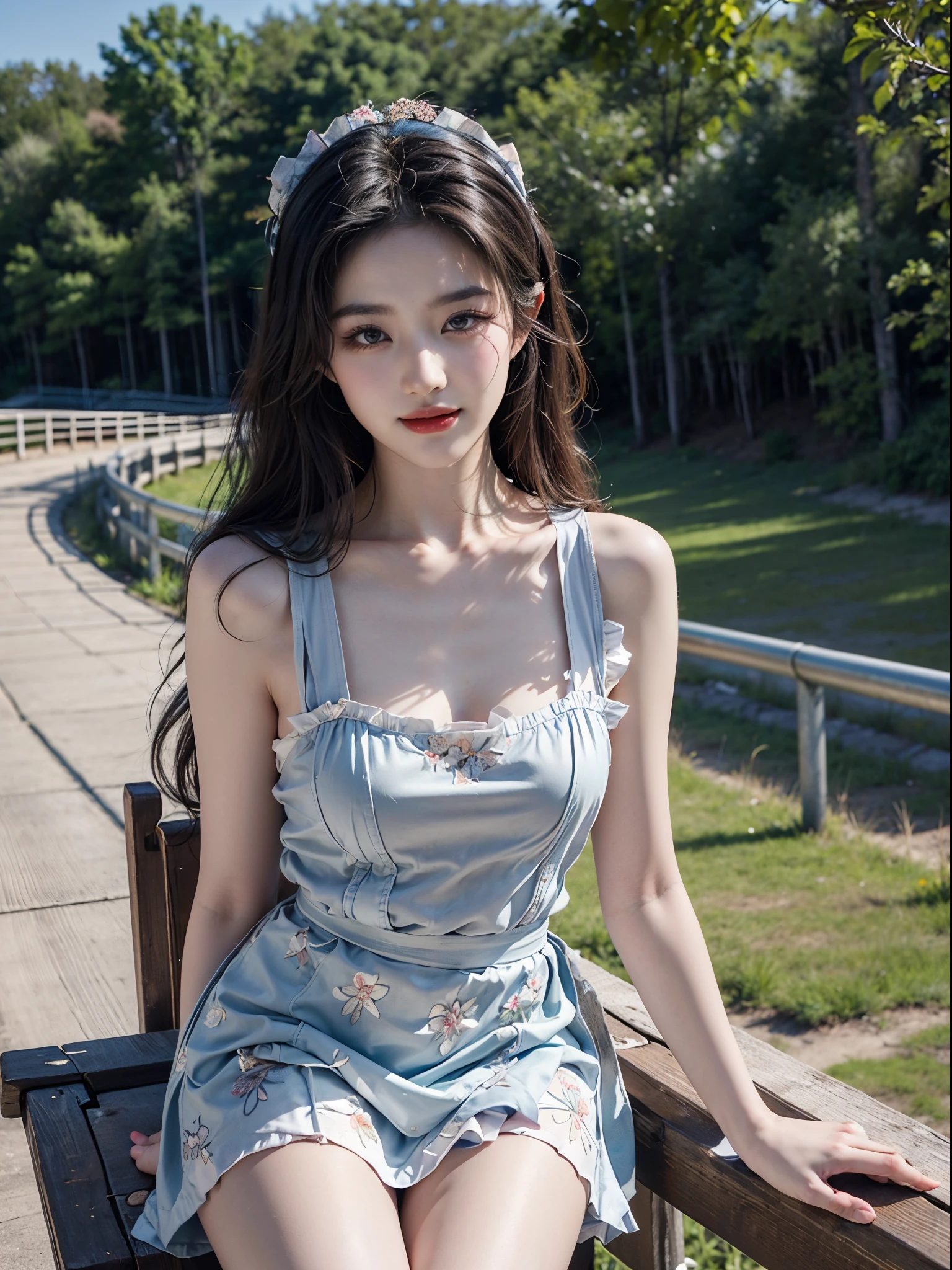 fishnets, apron,skirt,maid headdress, fashi-girl,red lips,mature female,makeup, liuyifei, ((cowboy shot)), (best quality, masterpiece:1.2), ultra-detailed, (realistic:1.37), beautiful, youthful, glamorous model with (detailed eyes, detailed lips, extremely detailed eyes),   in a knee shot, with white and floral colors, showcasing a radiant smile, slender figure, long legs, creating a breathtaking depiction of a girl enjoying the sunshine, On the bow, leaning against the guardrail, looking into the distance