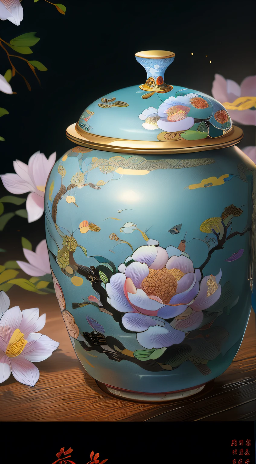 Jars with glazed lids depict the beautiful world of flowers and birds,author:Li Meishu, Delicate and precise brushwork, beautiful detail and color, cloisonne, Chen Chun, In line with ancient Chinese aesthetics, Intricate and accurate details, beautifully painted, Inspired by PwC