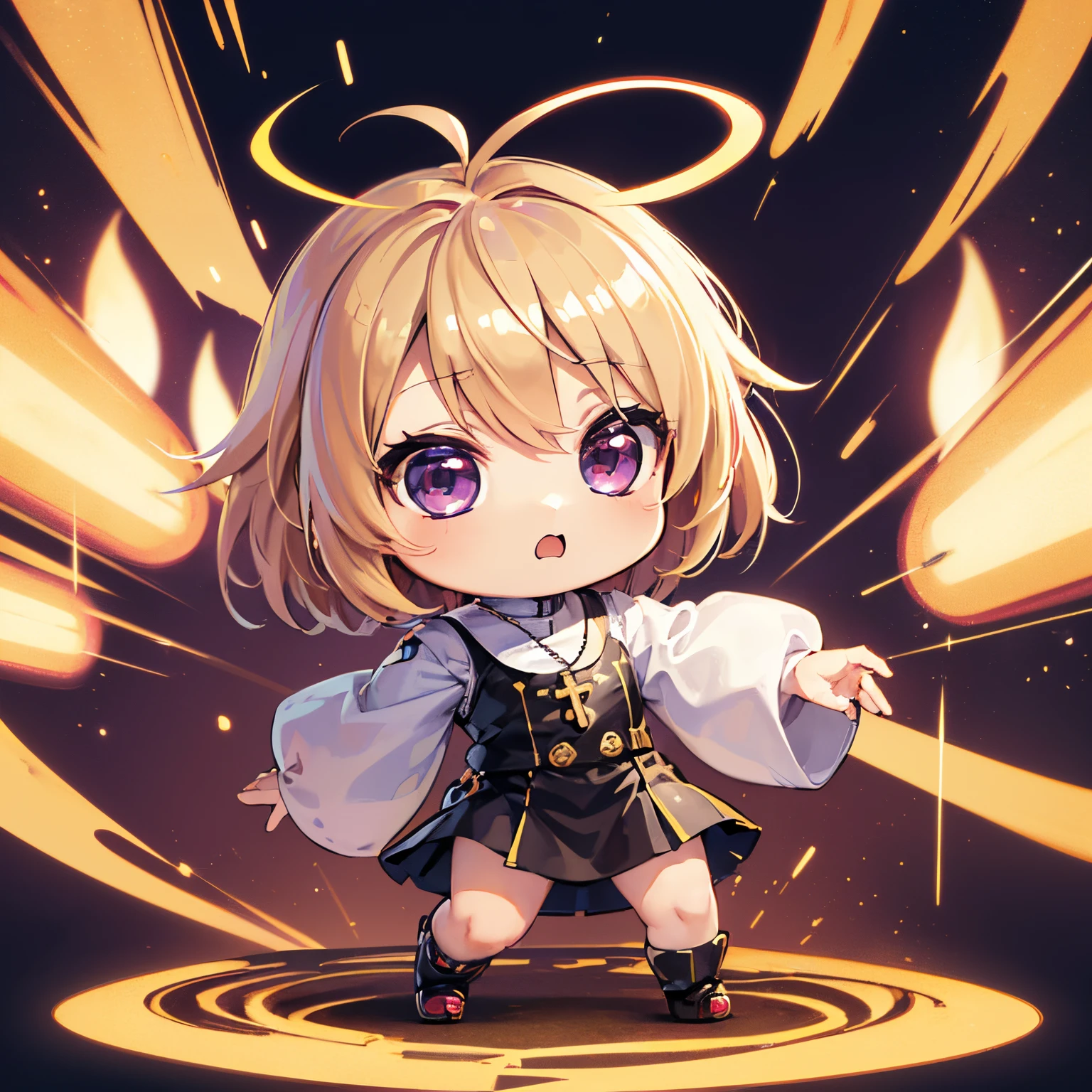 super high quality, (chibi character, deformed, full body, big head:1.5), 3D, cute deformed character with bulging cheeks, blonde light brown bob cut, priest woman, priest costume, purple big eyes with golden cross lights, background fantasy