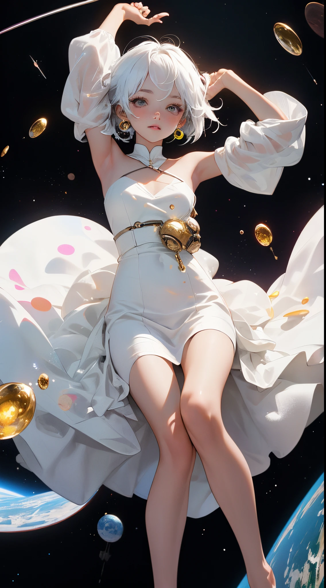 (tmasterpiece, Best quality at best:1.2), (ultra - detailed),(lamplight), Wallpapers, Original,
1 girl, Messy White Hair, thin shoulder strap, White dress, bare-legged, The barefoot, Naked arms, the space, Earth background, Low Earth orbit, 
,(Surrounded by colorful spots and dots),Colorful bubbles,(Shiny)