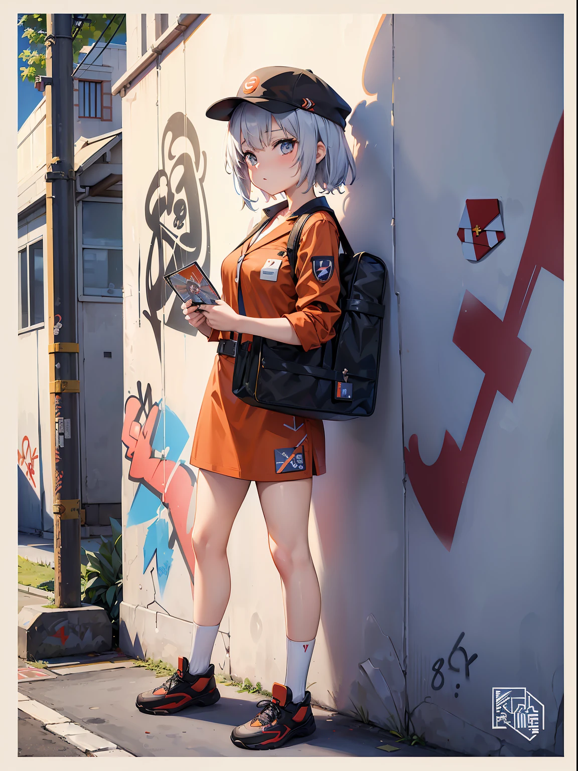(RAW Photos, Best Quality), (animesque: 1.2), (((holding a postcard in hand))), ((1 female postman)), ((In front of the wall with graffiti)), ultra-detailliert,