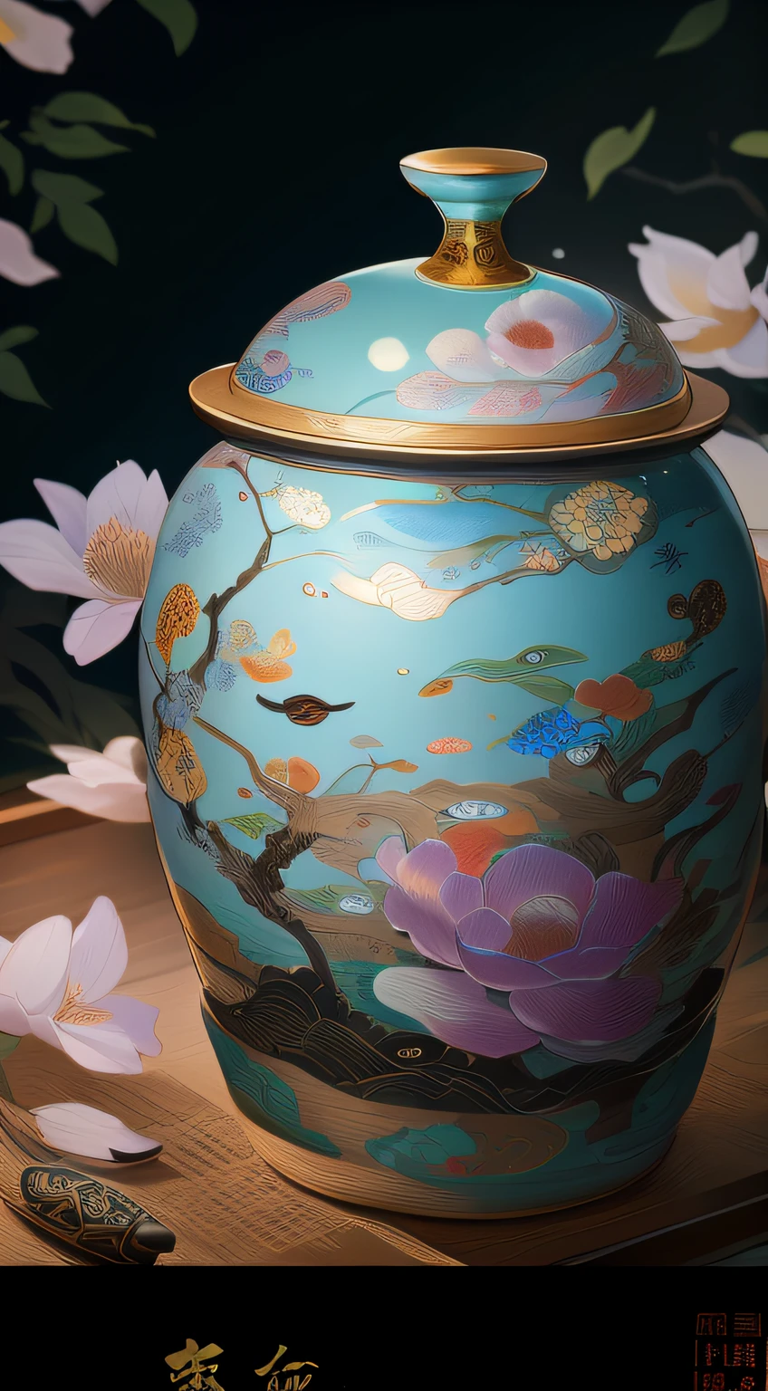 Jars with glazed lids depict the beautiful world of flowers and birds,author:Li Meishu, Delicate and precise brushwork, beautiful detail and color, cloisonne, Chen Chun, In line with ancient Chinese aesthetics, Intricate and accurate details, beautifully painted, Inspired by PwC
