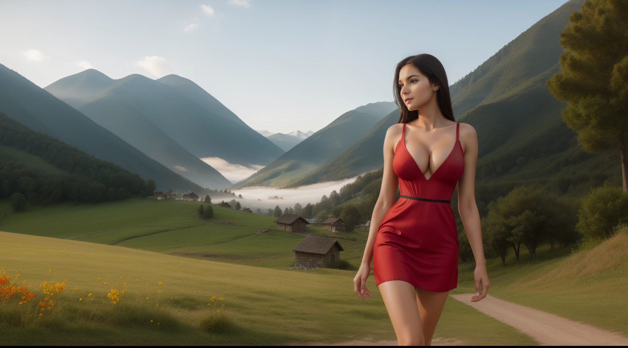 (((a girl alone:1.4))),((full-body, portrait, cinematic-shot)),(best quality,4k,8k,highres,masterpiece:1.2),ultra-detailed,(realistic,photorealistic,photo-realistic:1.37),(beautiful and aesthetic:1.2),vibrant colors,(film grain:1.3).

(((1girl))),(((solo))),(18years-old),[Clotilde-Fatimah-Carmelita],(sharp focus:1.5),pearl skin,(skin pores:1.1),extremely detailed face and skin texture,(skin texture:1.1),black hair,tall and slender body,(192cm tall),thin and delicate figure,graceful posture,flawless skin,defined abs,perfect curves,feminine appearance,beautiful long legs,embodying elegance and beauty,(cleavage breasts,large breasts:1.4),((wearing an ethnic (red:1.2) ((ultra-short)) minidress:1.4)),extremely detailed and realistic (red) clothes.

[This is a scene of beautiful morning scenery in a village at the foot of a mountain. The village is located amidst mountains and lush natural surroundings. This image will be displayed in ultra-high detail, with realistic effects and exciting colors. In this image we can see the charming charm of the village, the tranquility and beauty of the mountains, and the natural light that shines all around. The mountains on the screen show the magnificence and beauty of the mountains. The mountains are so tall and majestic, exuding an atmosphere of tranquility and grandeur. The green grass between the mountains adds vitality and vitality to this place. The early morning mist gently covers the mountains, giving people a mysterious and charming feeling. Around the village we can see lush natural scenery. Lush meadows, flowing creeks and rustling leaves mingle with the sounds of nature. The singing of birds sounded softly, which was soothing. In this tranquil environment we can enjoy the fresh air and cool mornings.].

Angelic ethereal beauty,studio photography,professional photography.