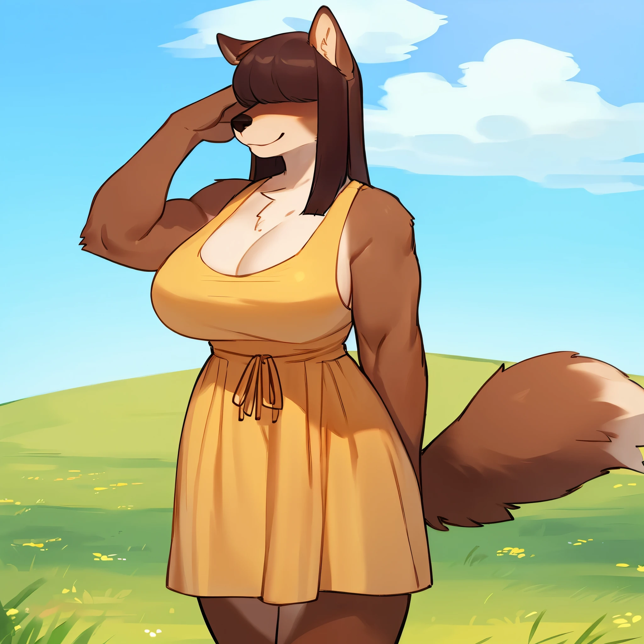 8K, ((masterpiece)), ((stunning artwork)), (carefully drawn), (highly detailed), uploaded to e621.net, solo, by darkgem, by BNG, by meesh, by boosterpang, by gideon, by wfa, vixen, short woman, shortstack, older woman, milf, curvy, thick, orange fur, white markings, dark red hair, long hair, green eyes, perfect eyes, (four breasts:1.4), (quadboob:1.2), top breasts are larger, huge breasts, nipple outline, older woman, furry body, wide body, wide hips, thick thighs, big arms, (huge breasts:1.1), heavy breasts, nipple outline, highly detailed eyes, milf, tank top, bare midriff, cleavage, large areolae, blue jeans, lowrise jeans, bare midriff, visible thong straps, Masterpiece, best quality, absurd res, highly detailed, cleanly drawn eyes, park environment, cute smile, standing upright, casual posture, buff, barefoot, standing upright, digitgrade, four toes, fluffy fox tail,