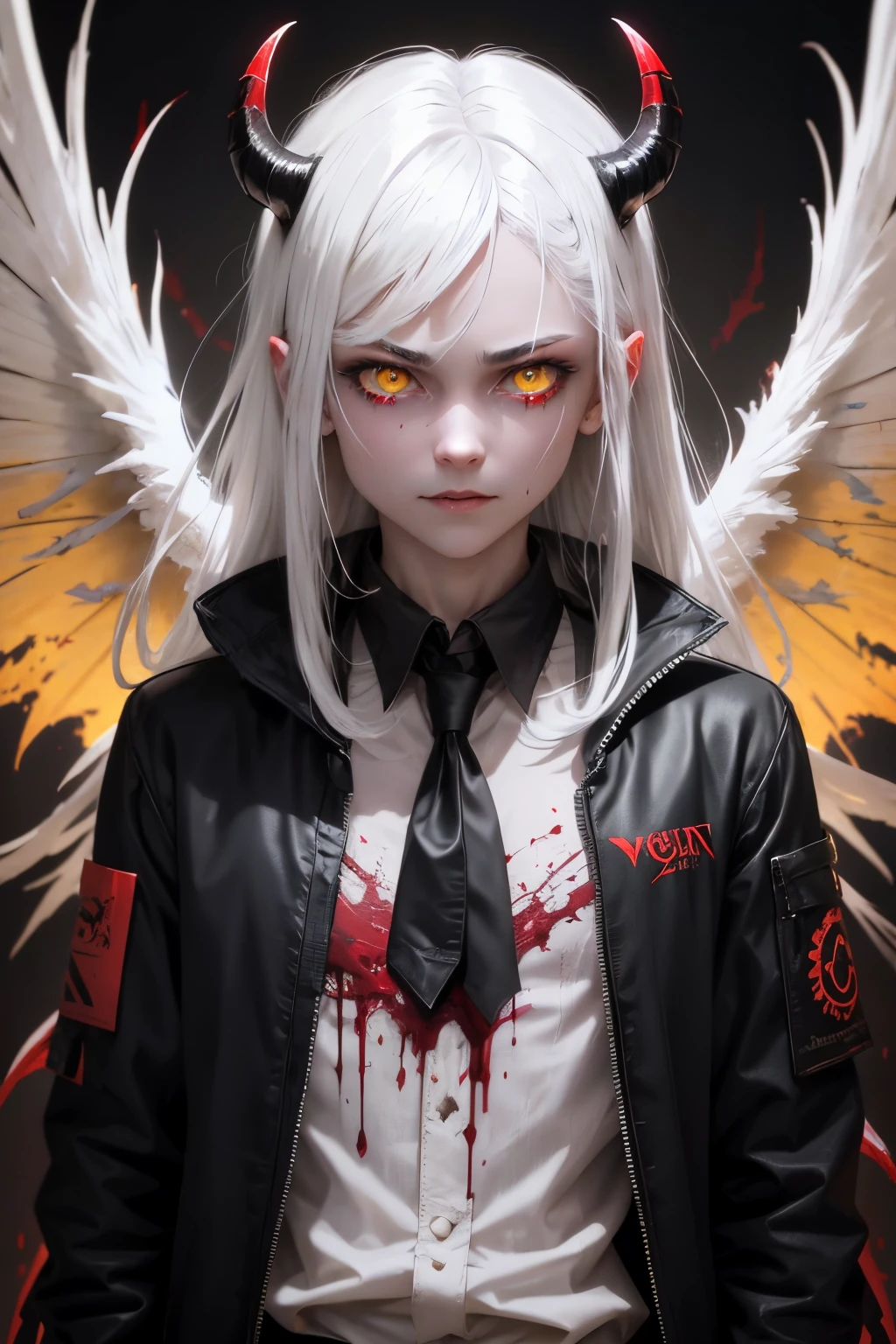 Devil, white hair, yellow eyes neon, dark smile, wings, blood on clothes, blood on background
