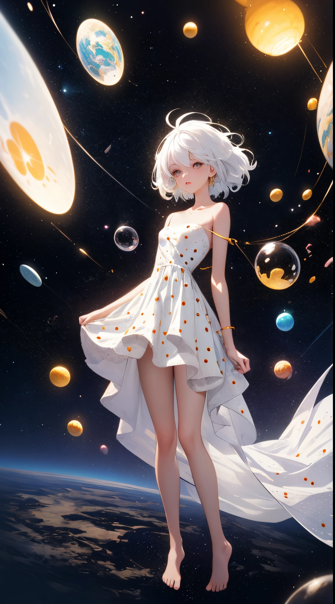 (tmasterpiece, Best quality:1.2), (ultra - detailed),(lamplight), Wallpapers, Original,
1 girl, Messy White Hair, thin shoulder strap, White dress, Bareleged, Barefoot, Naked arms, the space, Earth background, Low Earth orbit,
,(Surrounded by colorful spots and polka dots),Colorful bubbles,(Shiny)