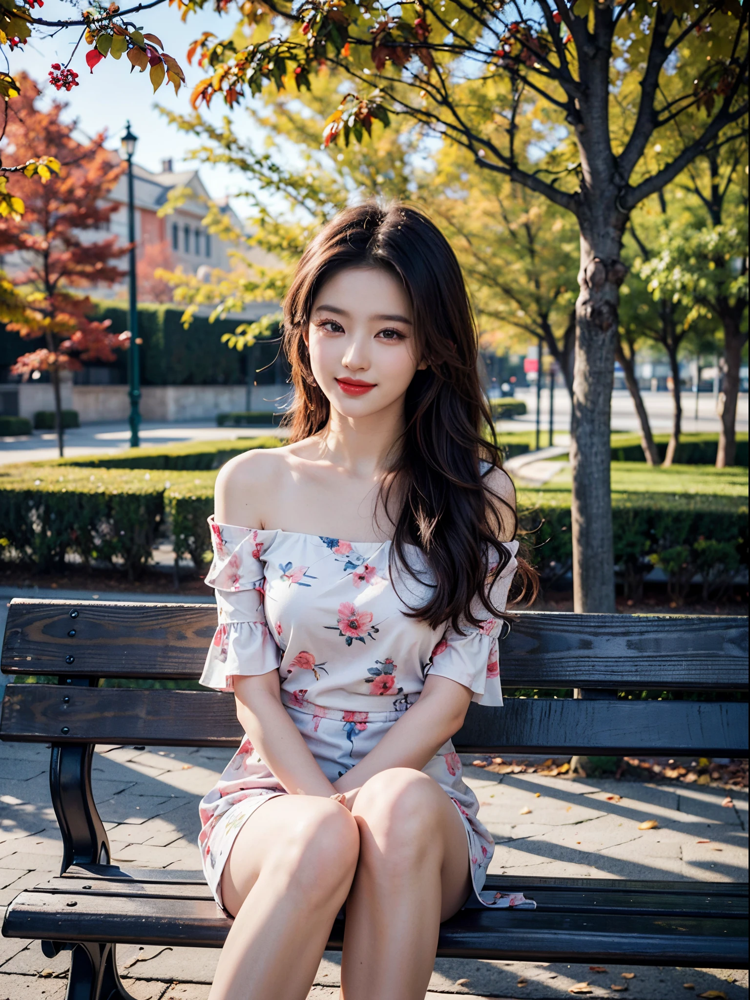 print dress, off shoulder, fashi-girl,red lips,mature female,makeup, liuyifei,(best quality,4k,8k,highres,masterpiece:1.2),ultra-detailed,realistic:1.37,portrait,beautiful girl,youthful female model,sweet girl,masterpiece,extremely detailed description,super fine painting,exquisite face,slim figure,long legs,smile,radiant smile, Sitting on the bench of the gazebo, autumn, autumn wind and leaves