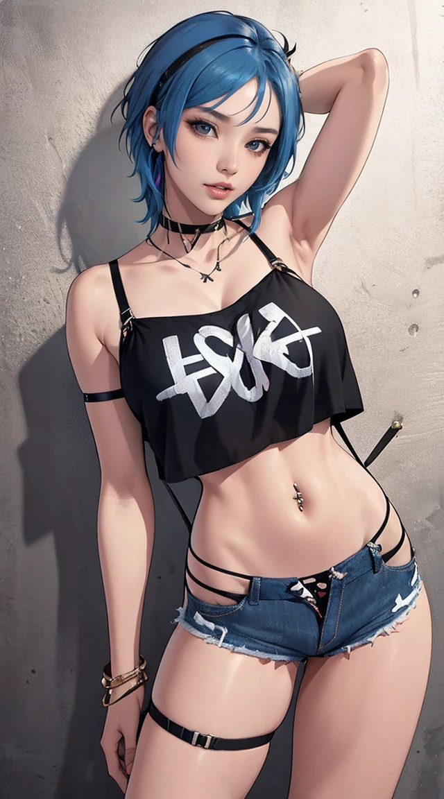 Chloe price, masterpiece, bestquality, 1girls, oversized breasts, bara, crop top, shorts jeans, choker, (visible thong straps:1.5), color splashes, arms over head, against wall, looking at the audience, bracelet, Thigh strap, Paint on the body......................................., Head tilt, bored, (dark blue hair with black roots), water eyes, detailed eye makeup, shiny skin, navel piercing