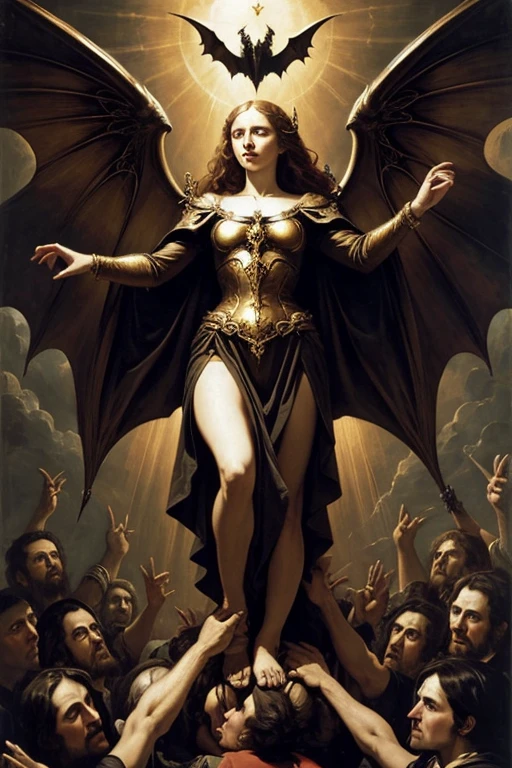 Renaissance painting style, bony hand reaching up, bat winged woman descending from the heavens in a bright aura, grim religious art, metal band cover